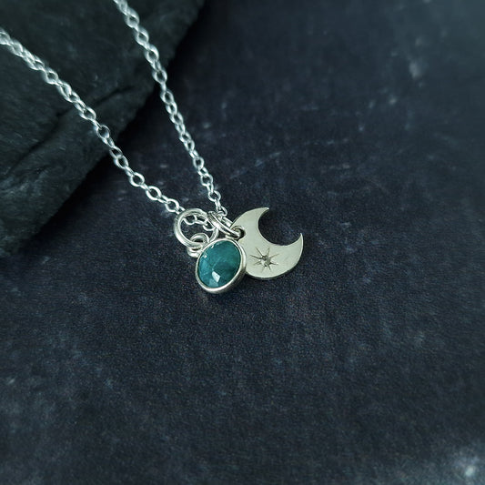 Emerald silver moon pendant necklace - May birthstone - Taurus Gift