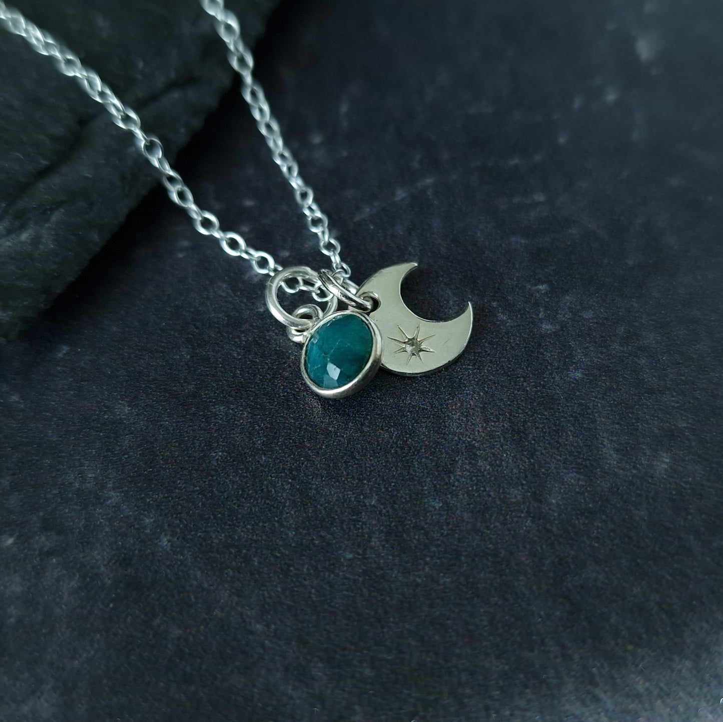 Emerald silver moon pendant necklace - May birthstone - Taurus Gift