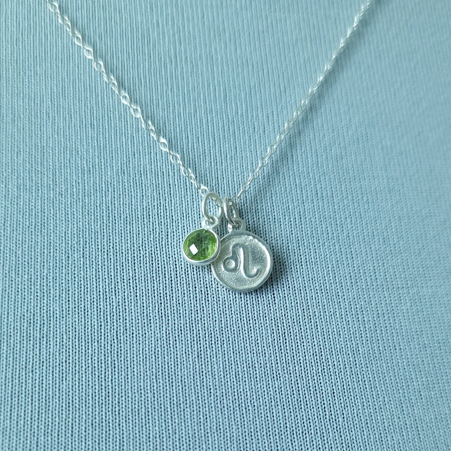 Leo and Peridot Birthstone Double Pendant Necklace Sterling Silver - Zodiac Jewellery Set
