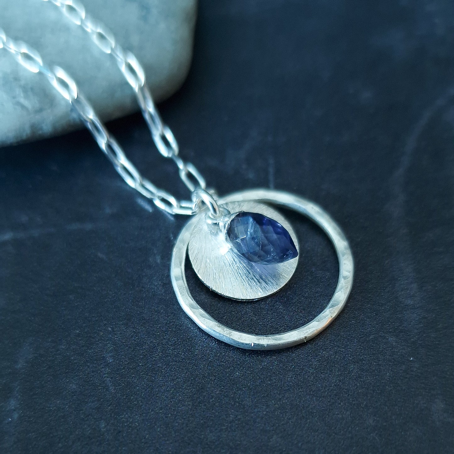 Iolite Circle Pendant in Sterling Silver, Water Sapphire Statement Necklace, Perfect Mum Gift
