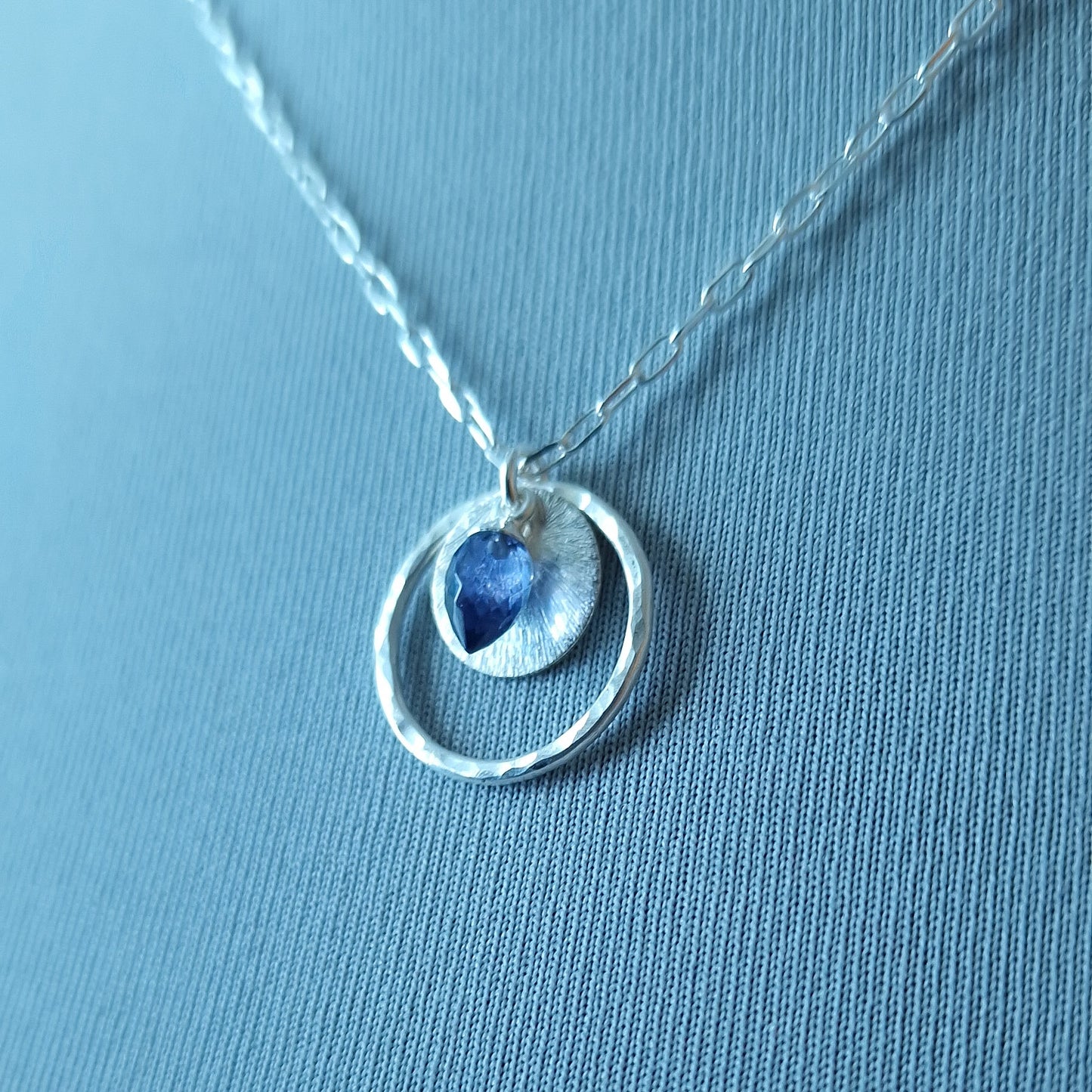 Iolite Circle Pendant in Sterling Silver, Water Sapphire Statement Necklace, Perfect Mum Gift