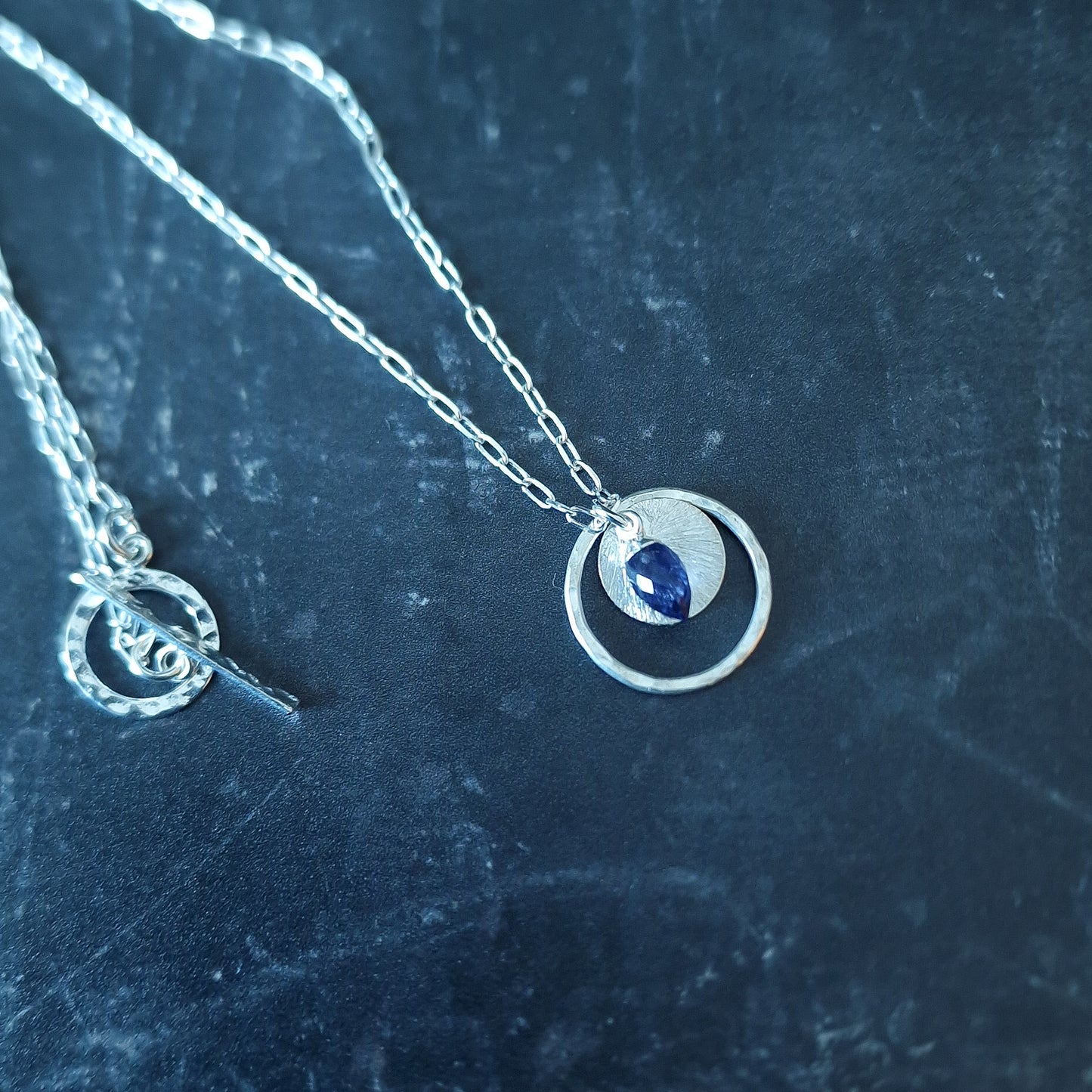 Iolite Circle Pendant in Sterling Silver, Water Sapphire Statement Necklace, Perfect Mum Gift