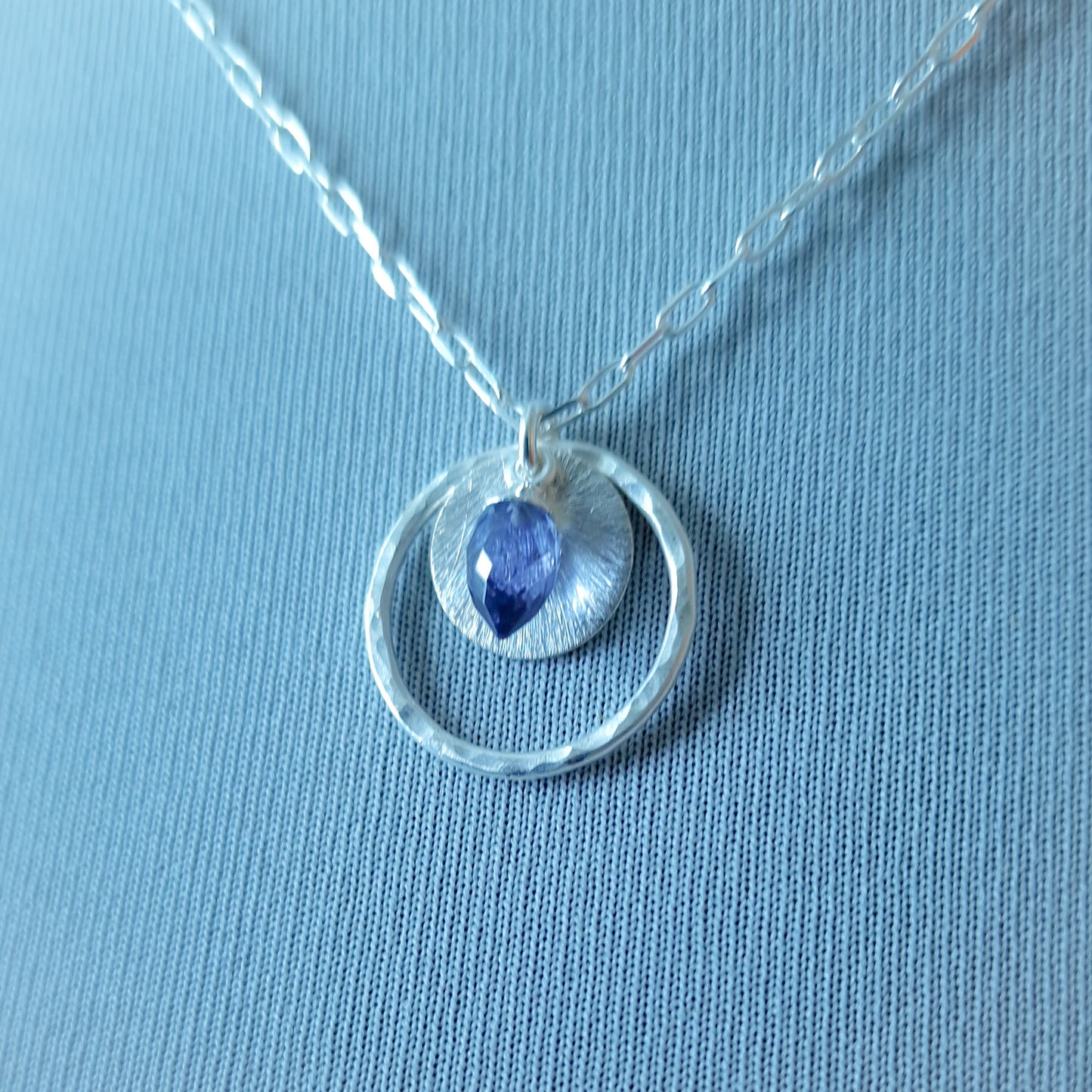 Iolite Circle Pendant in Sterling Silver, Water Sapphire Statement Necklace, Perfect Mum Gift
