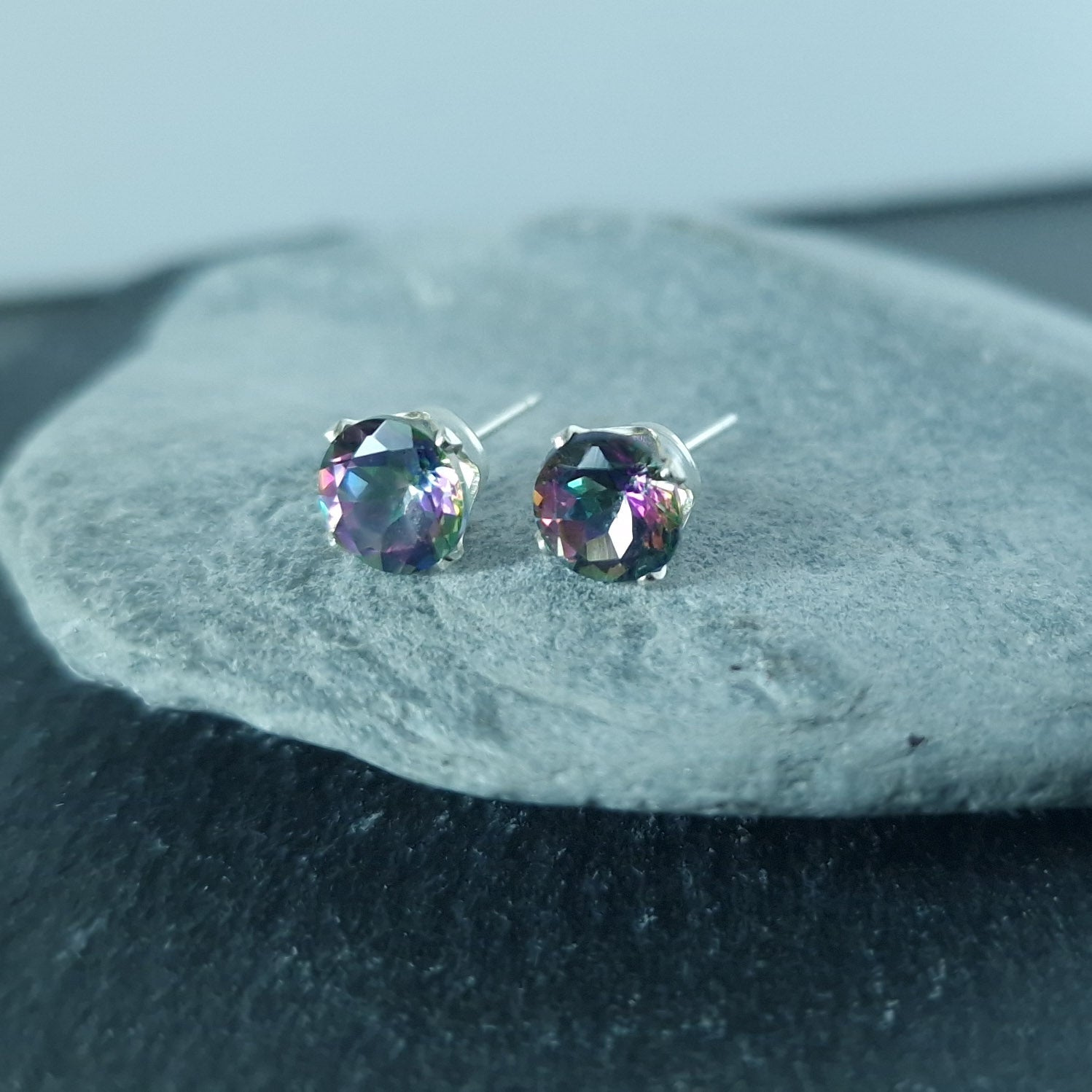 Mystic topaz stud earrings in sterling silver or gold-filled - November birthstone gifts - dainty rainbow stud earrings - Aries gift idea