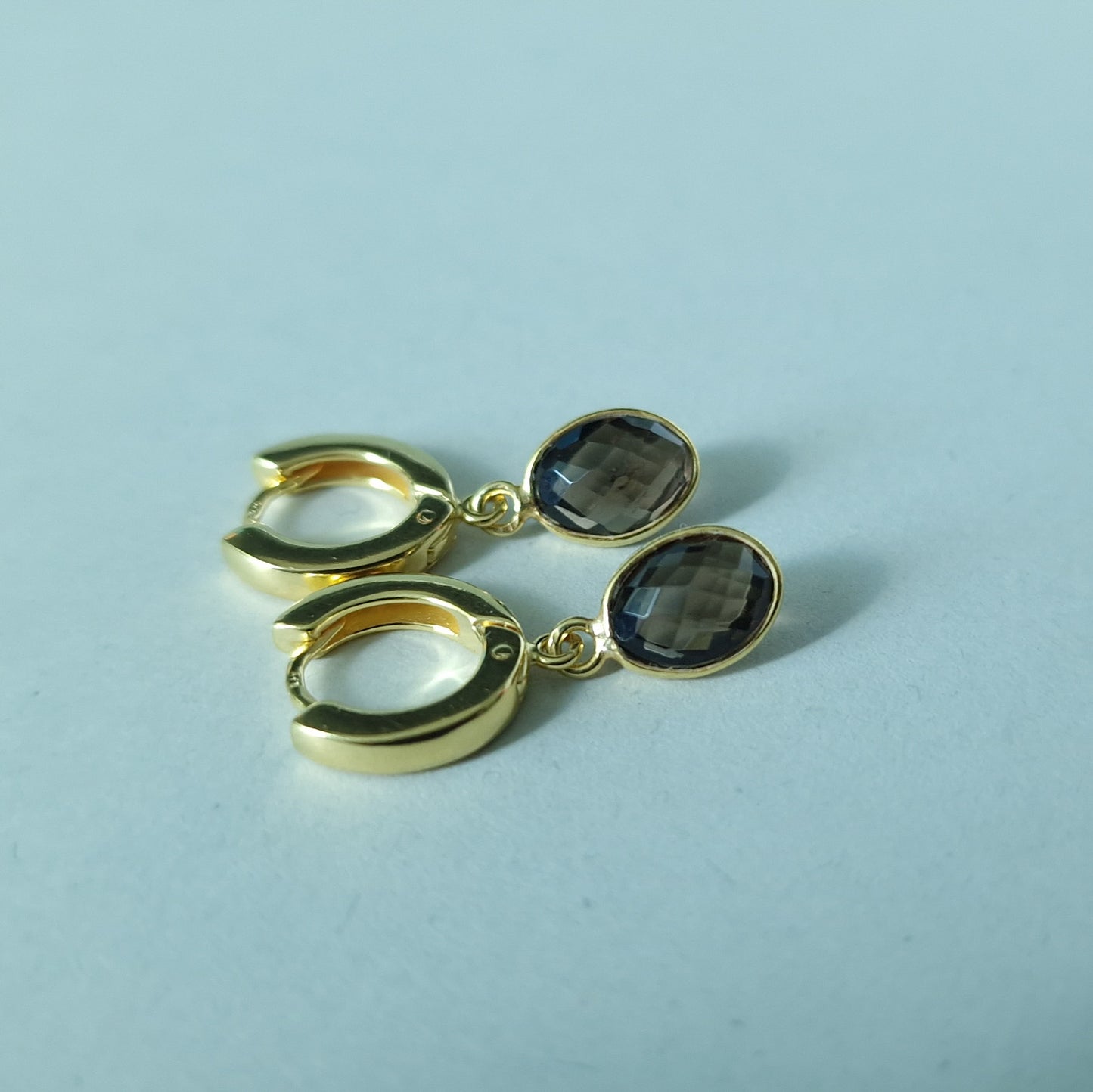 Smoky Quartz Huggie Hoop Earrings Gold Vermeil