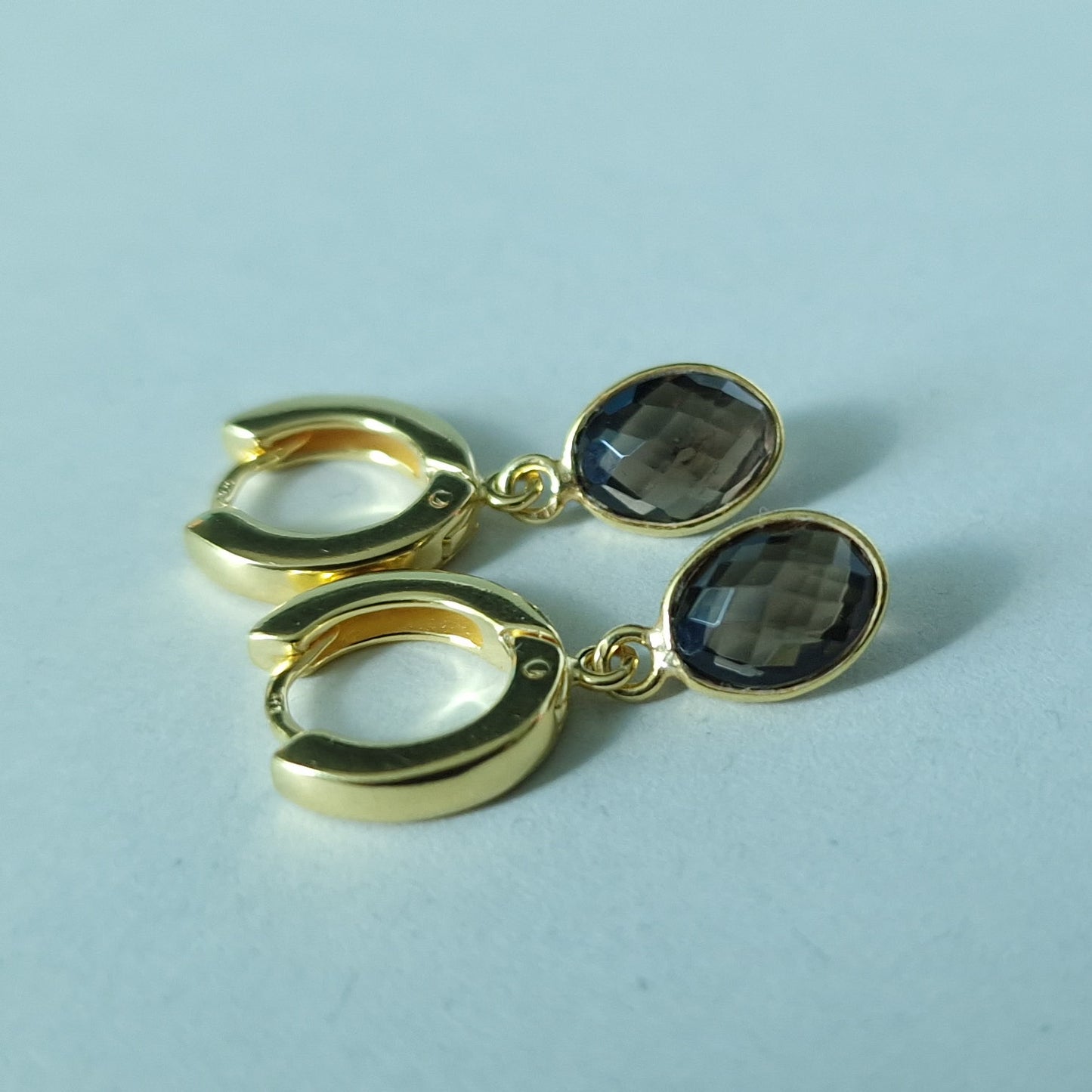 Smoky Quartz Huggie Hoop Earrings Gold Vermeil