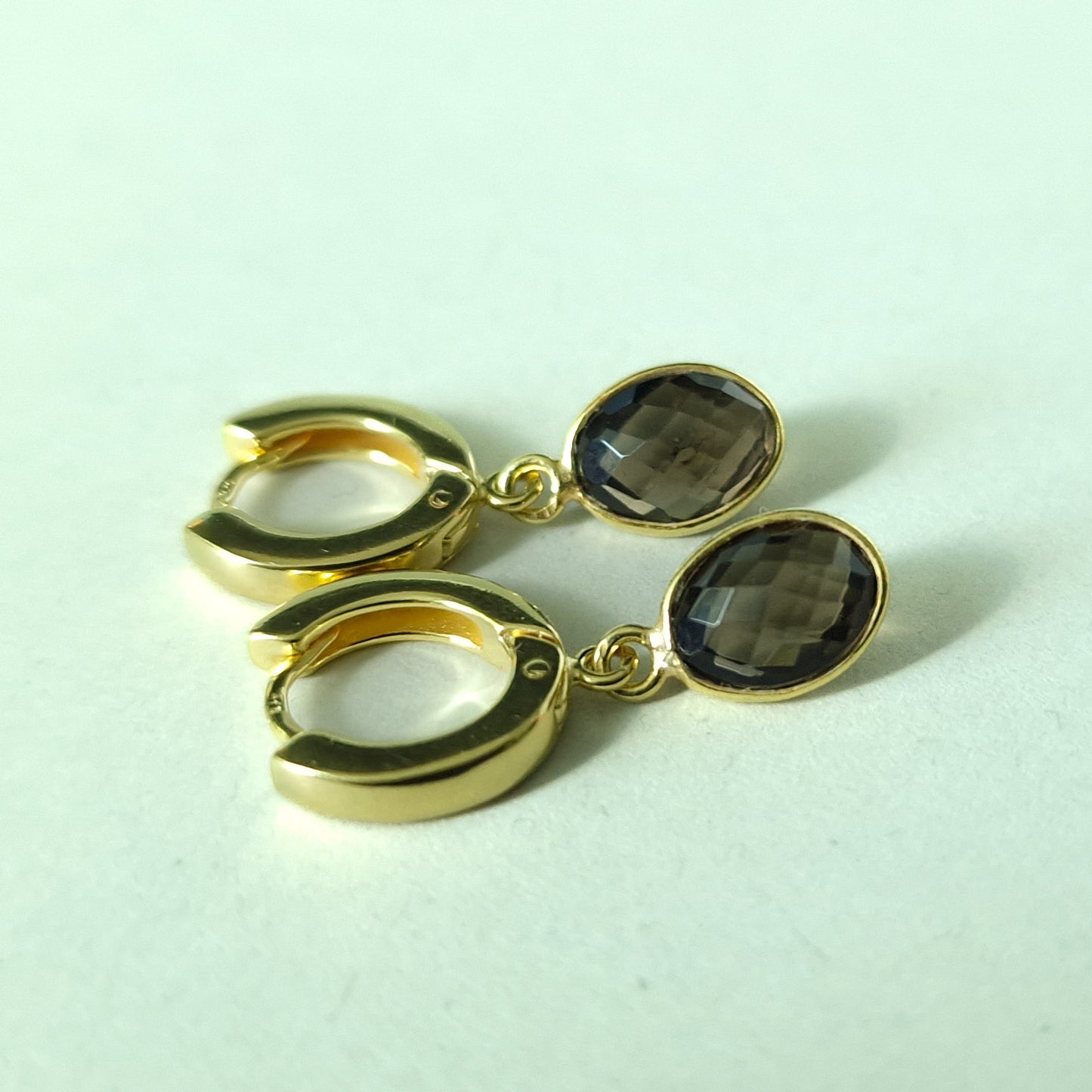 Smoky Quartz Huggie Hoop Earrings Gold Vermeil
