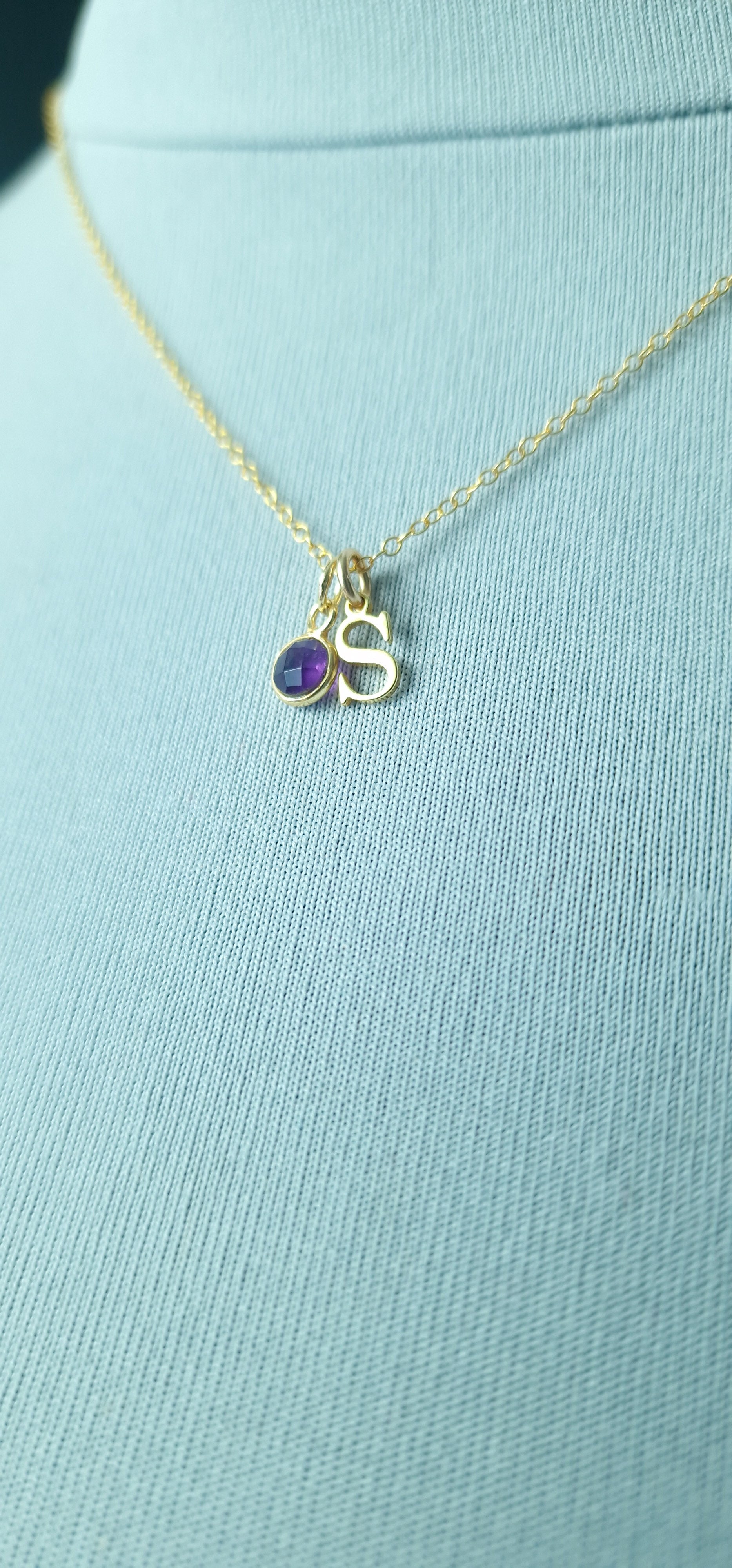 Gold vermeil silver letter necklace with Amethyst birthstone