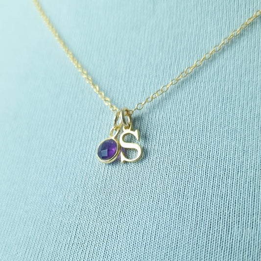 Gold vermeil silver letter necklace with Amethyst birthstone