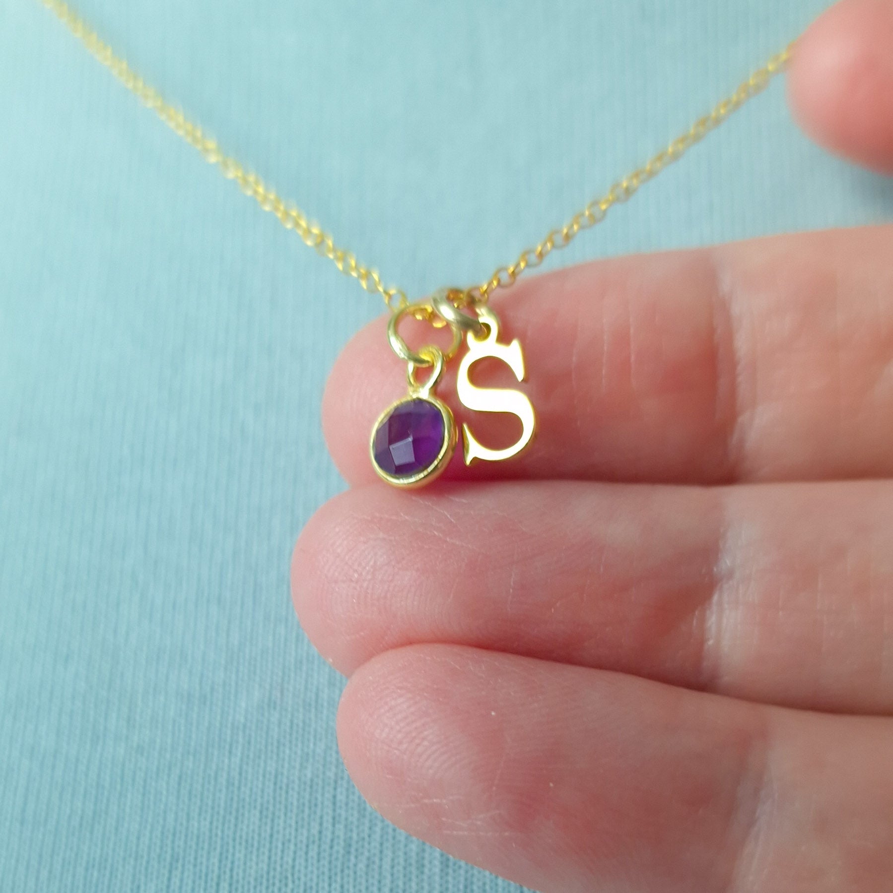 Gold vermeil silver letter necklace with Amethyst birthstone