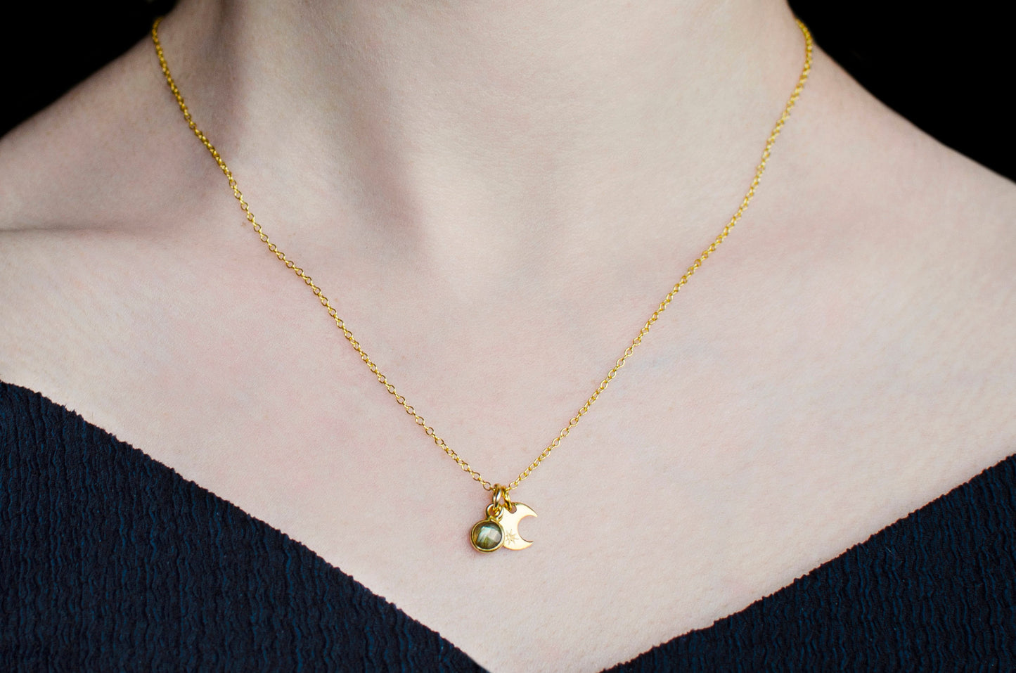 Sterling Silver Moon Necklace and Labradorite Pendant | Scorpio Birthstone Gift | Moon Phase Layering Necklace for Women | October Gift Idea