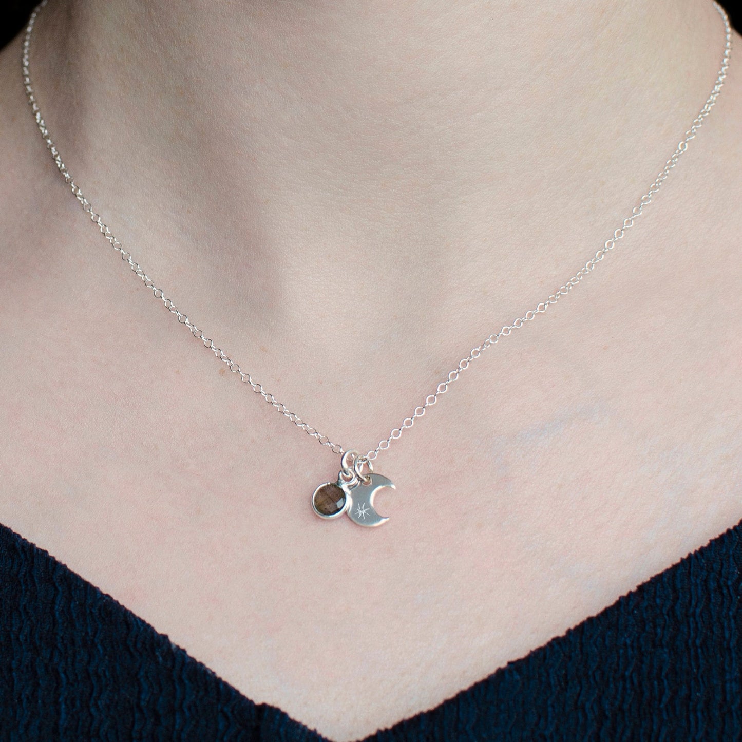 Sterling Silver Moon Necklace and Labradorite Pendant | Scorpio Birthstone Gift | Moon Phase Layering Necklace for Women | October Gift Idea