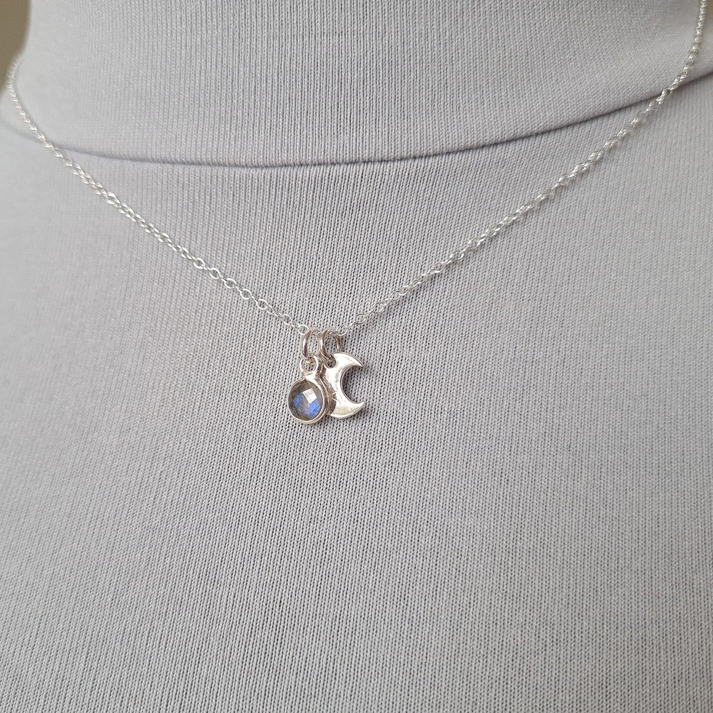 Sterling Silver Moon Necklace and Labradorite Pendant | Scorpio Birthstone Gift | Moon Phase Layering Necklace for Women | October Gift Idea