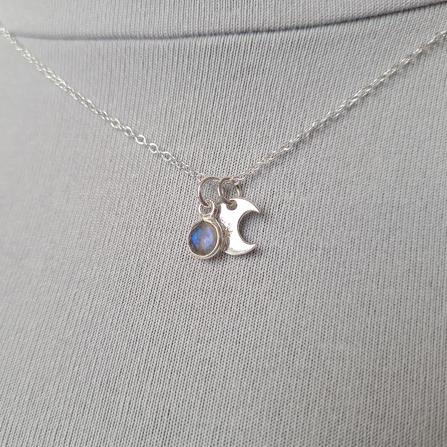 Sterling Silver Moon Necklace and Labradorite Pendant | Scorpio Birthstone Gift | Moon Phase Layering Necklace for Women | October Gift Idea