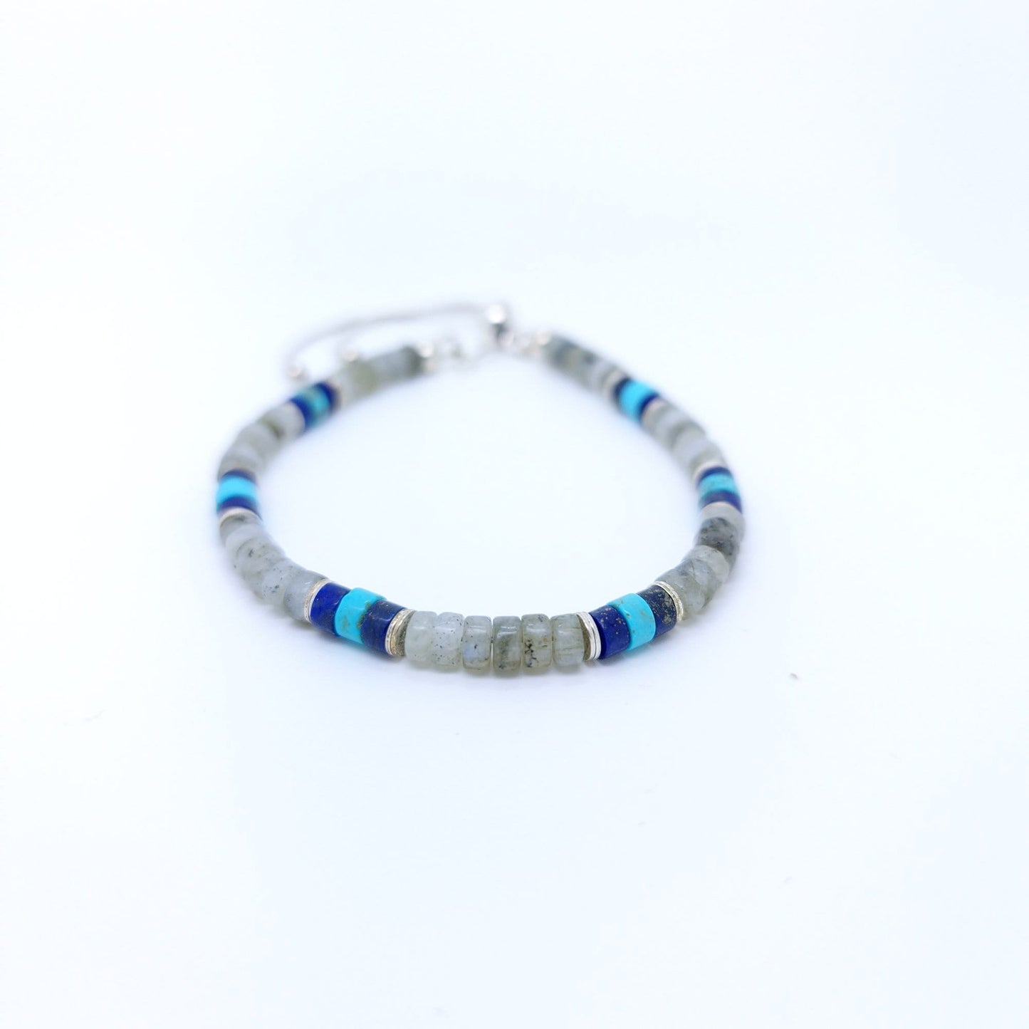 Mens Turquoise Beaded Sterling Silver Bracelet with Lapis and Labradorite Stones - Stylish Gift for Him