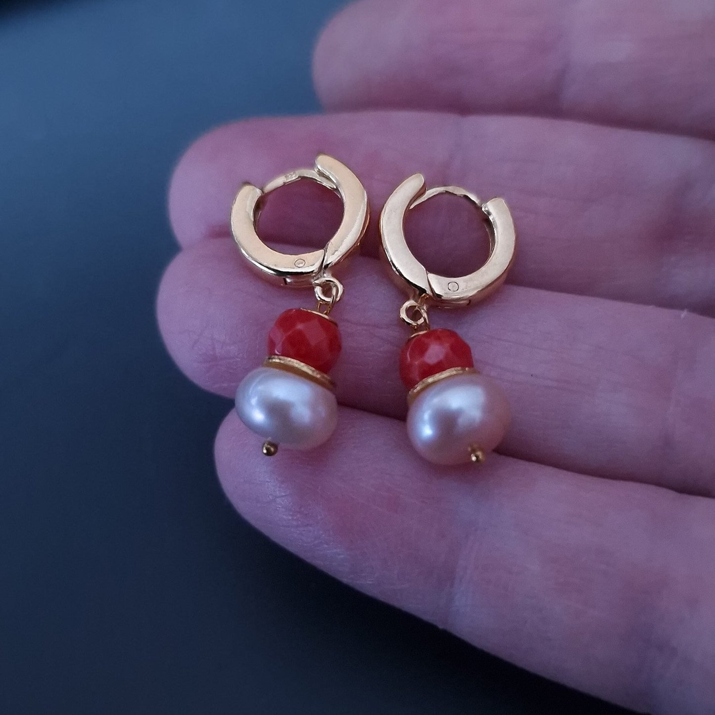 Blush Pearl and Coral Huggie Hoop Earring Gold Vermeil