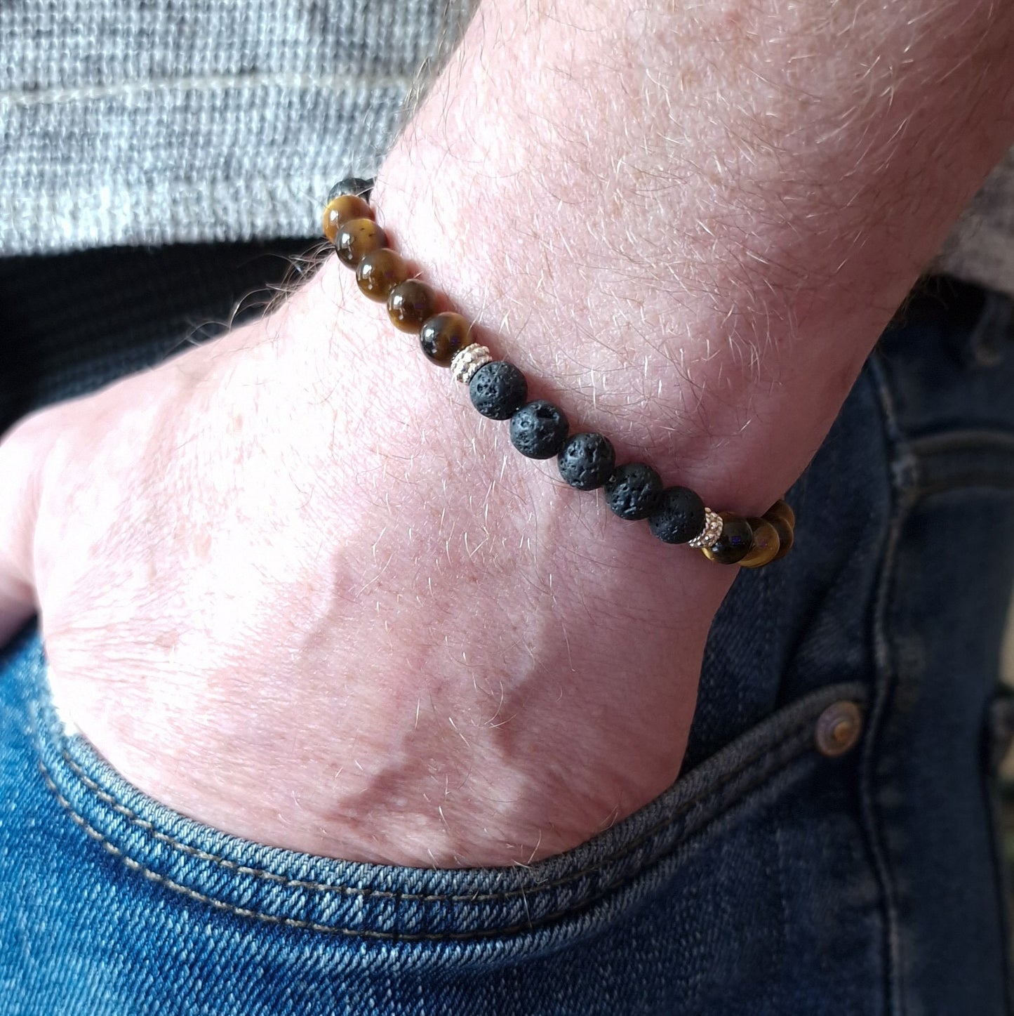 Mens Tigers Eye Beaded Bracelet Sterling Silver Gift for Him Stackable Jewelry