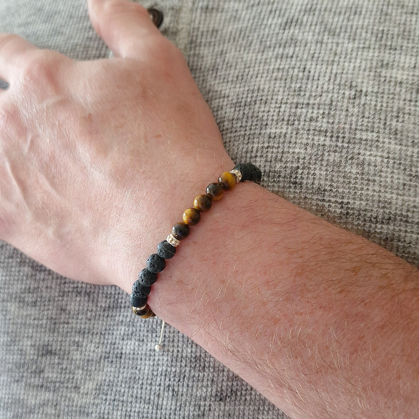 Mens Tigers Eye Beaded Bracelet Sterling Silver Gift for Him Stackable Jewelry