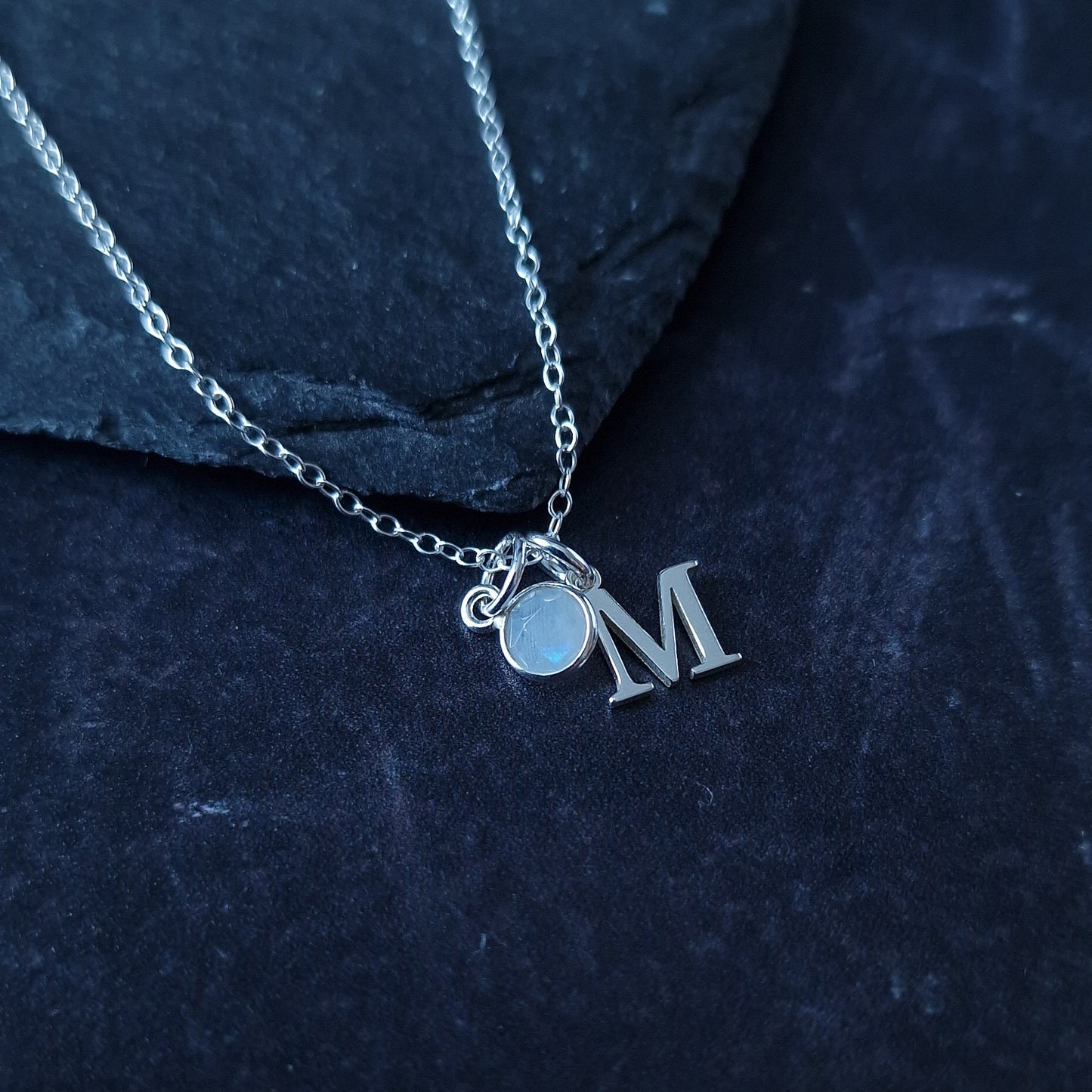 June Birthstone Moonstone Necklace in Sterling Silver - Personalised Initial Necklace and Birthday Gift for Her - Gemini Gifts