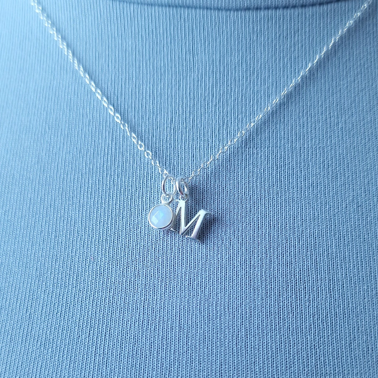 June Birthstone Moonstone Necklace in Sterling Silver - Personalised Initial Necklace and Birthday Gift for Her - Gemini Gifts