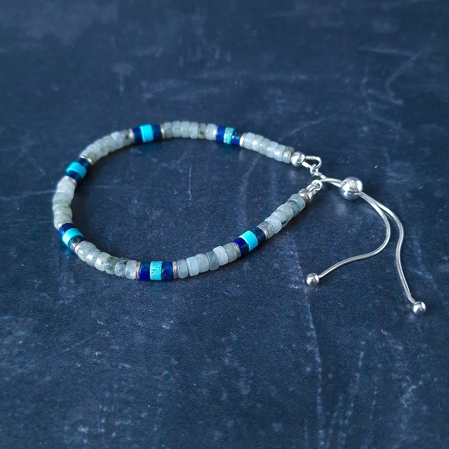 Mens Turquoise Sterling Silver Bracelet Stack Set - Stacking Beaded Stone Bracelets for Him