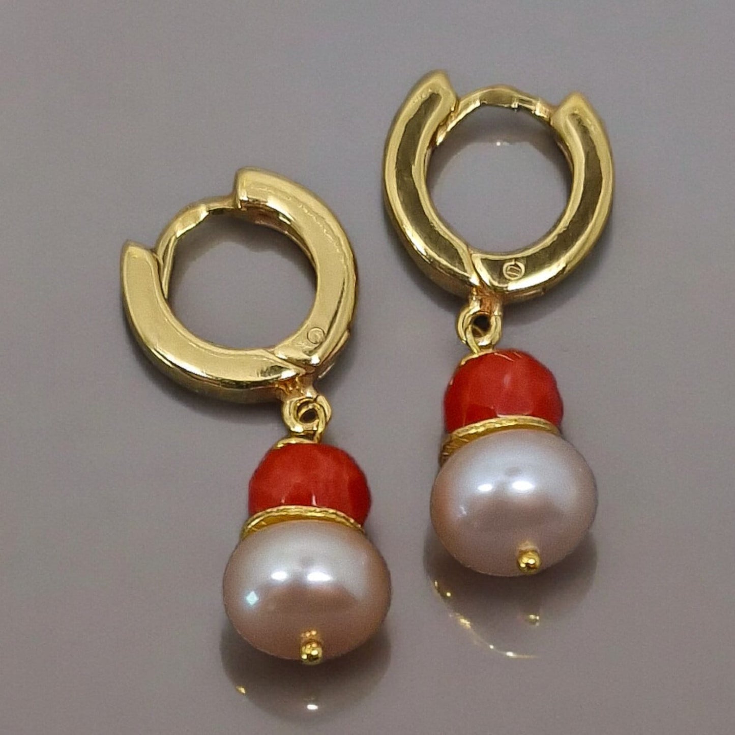 Blush Pearl and Coral Huggie Hoop Earring Gold Vermeil