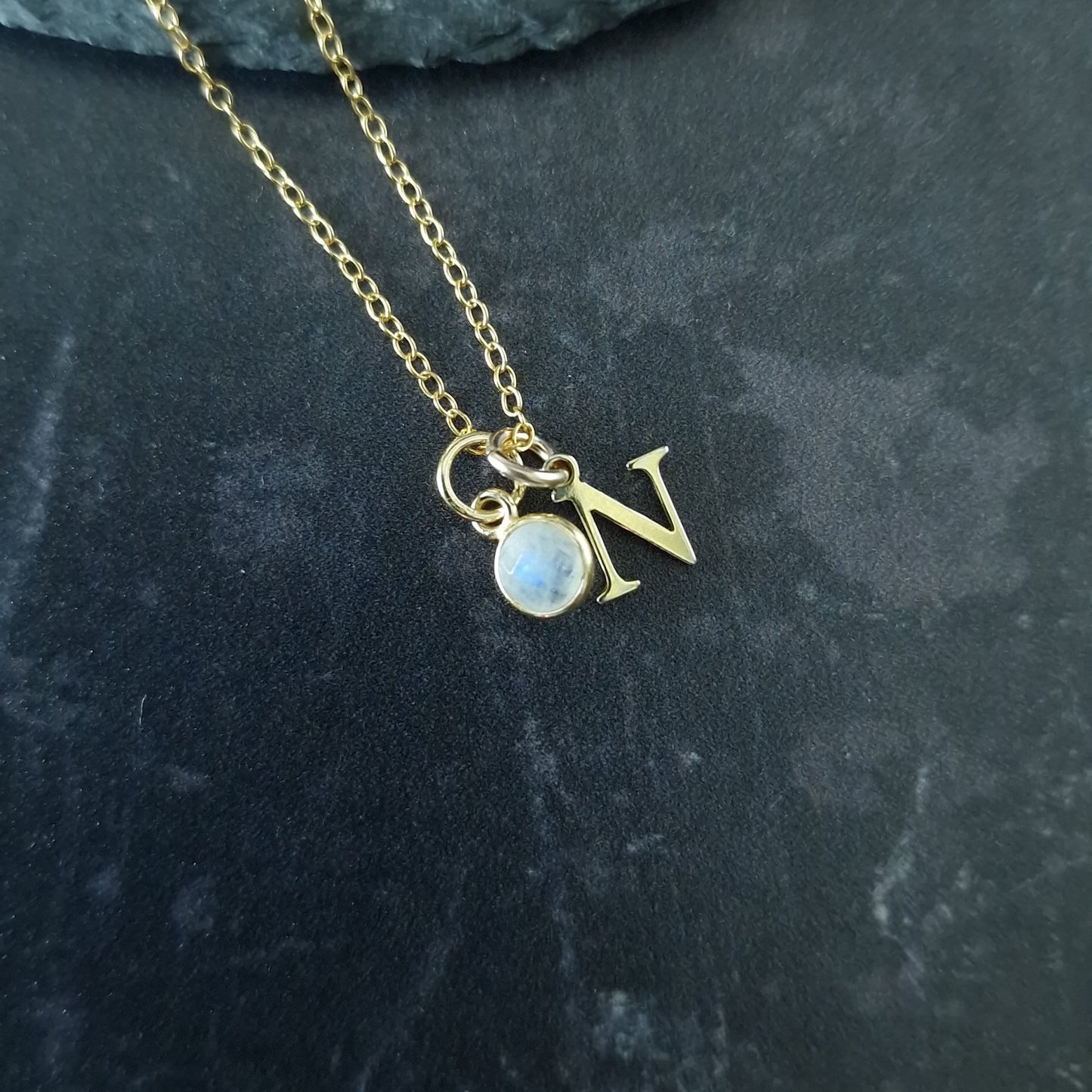 Gold Initial birthstone moonstone necklace in gold vermeil, June birthstone necklace, Gemini gifts