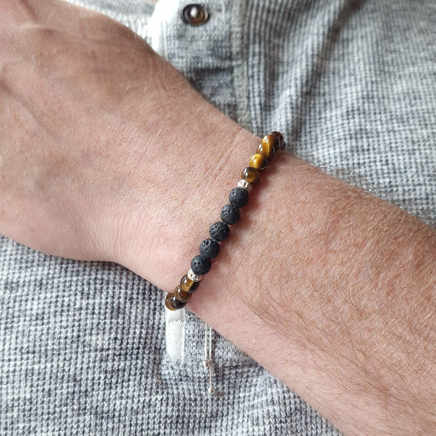Mens Tigers Eye Beaded Bracelet Sterling Silver Gift for Him Stackable Jewelry