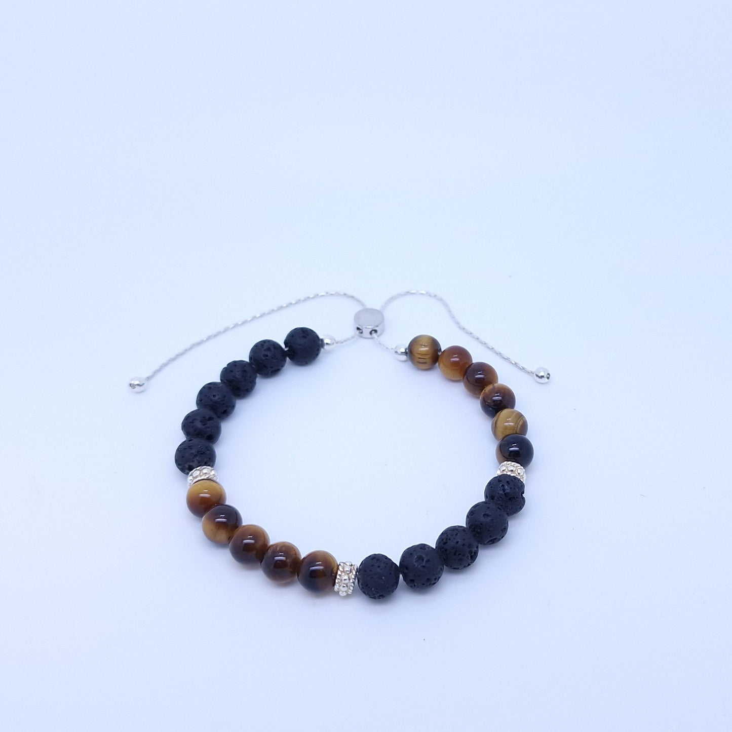 Mens Tigers Eye Beaded Bracelet Sterling Silver Gift for Him Stackable Jewelry