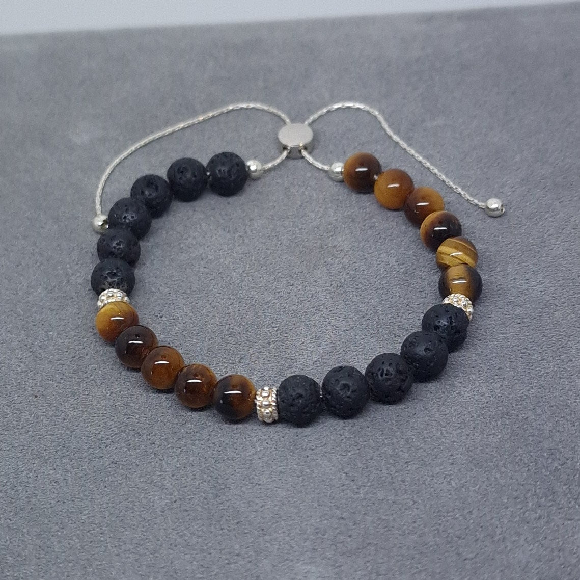 Mens Tigers Eye Beaded Bracelet Sterling Silver Gift for Him Stackable Jewelry
