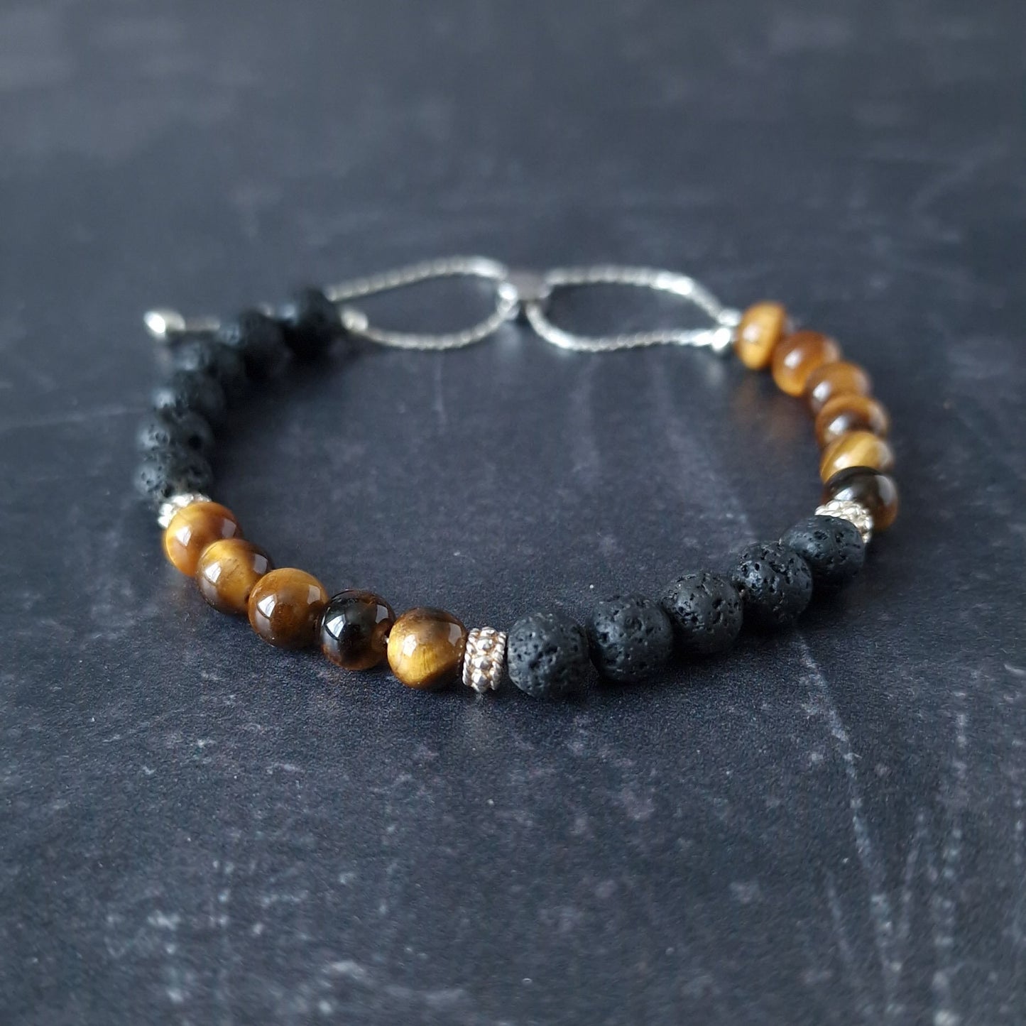 Mens Tigers Eye Beaded Bracelet Sterling Silver Gift for Him Stackable Jewelry