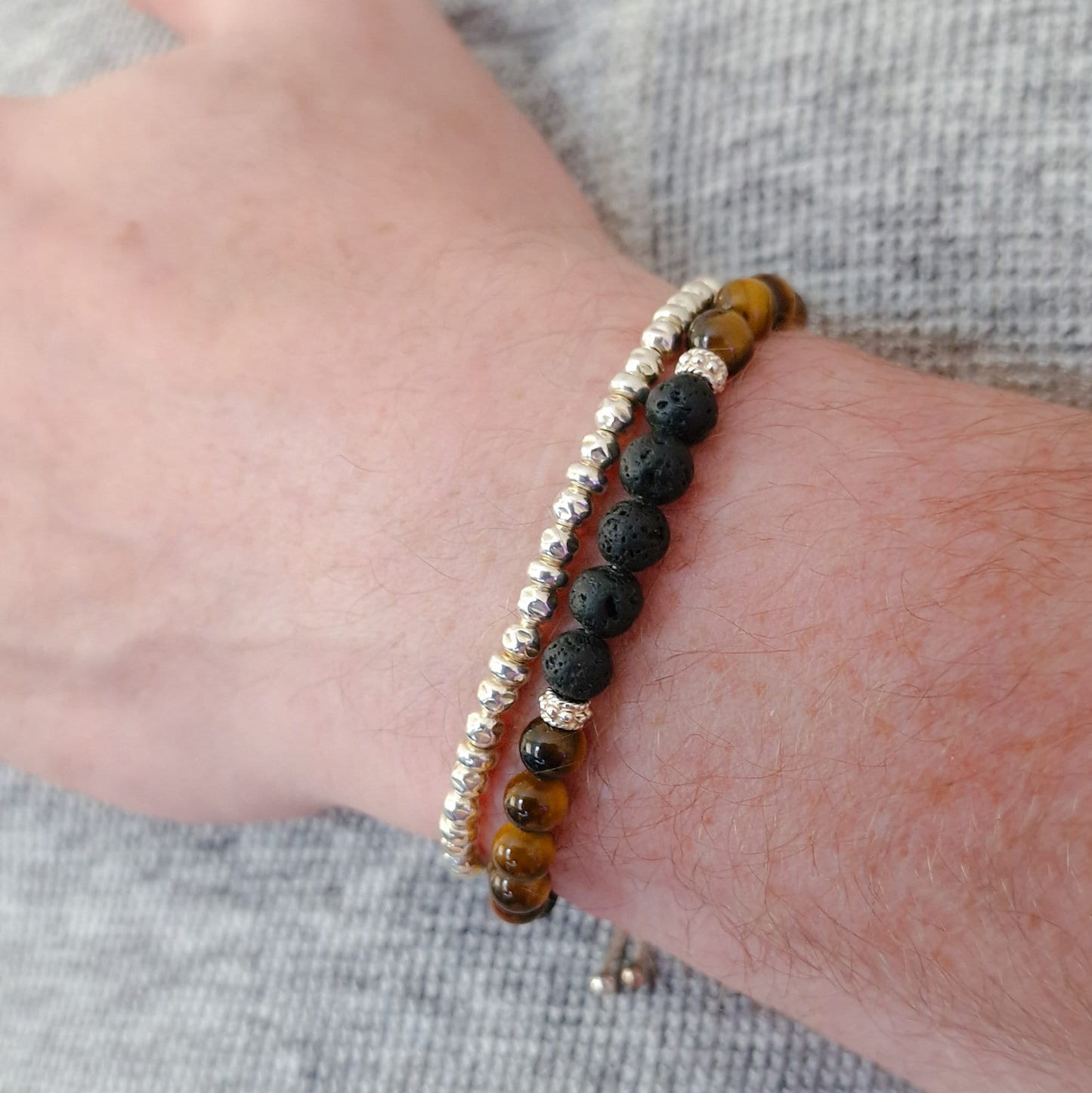 Mens Sterling Silver Bracelet Set - Tigers Eye Beaded Stone Bracelet Stack - Gift for Him
