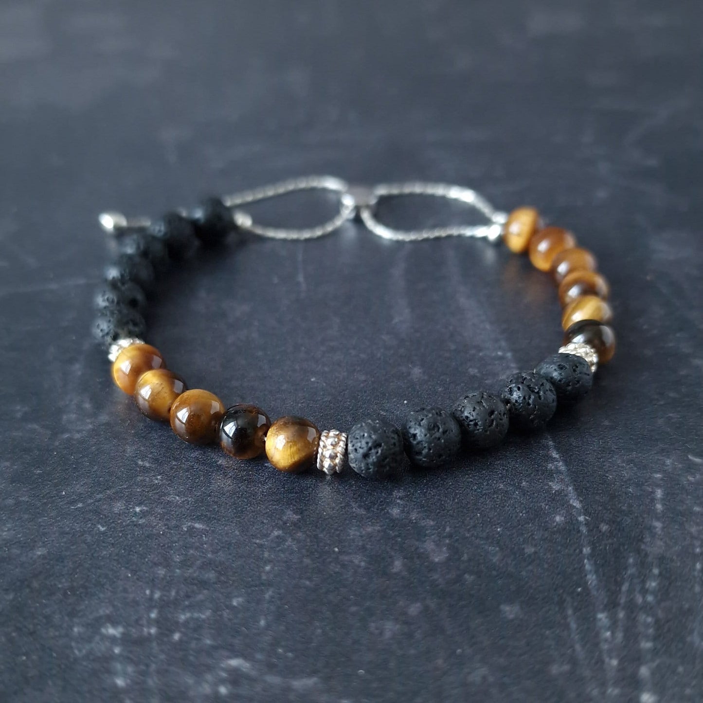 Mens Sterling Silver Bracelet Set - Tigers Eye Beaded Stone Bracelet Stack - Gift for Him