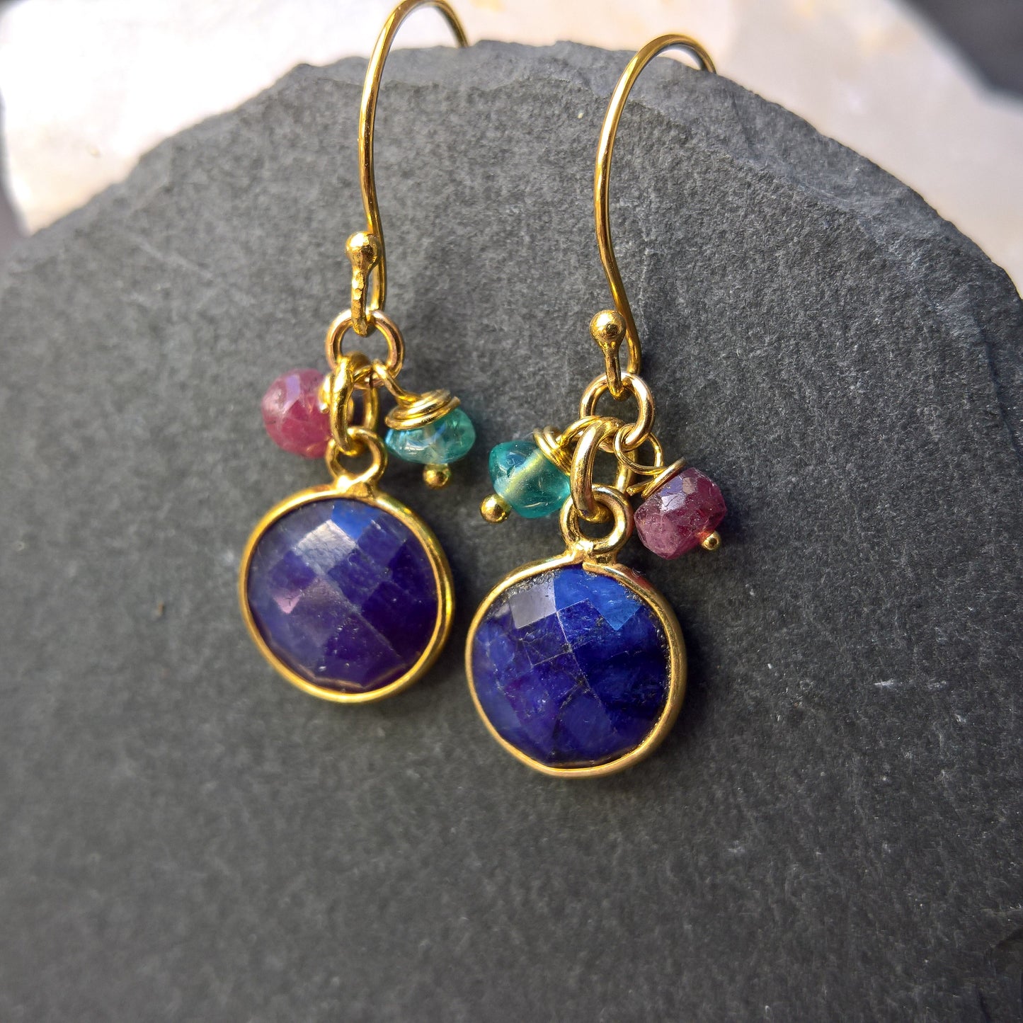 Blue sapphire gold vermeil silver dangle earrings