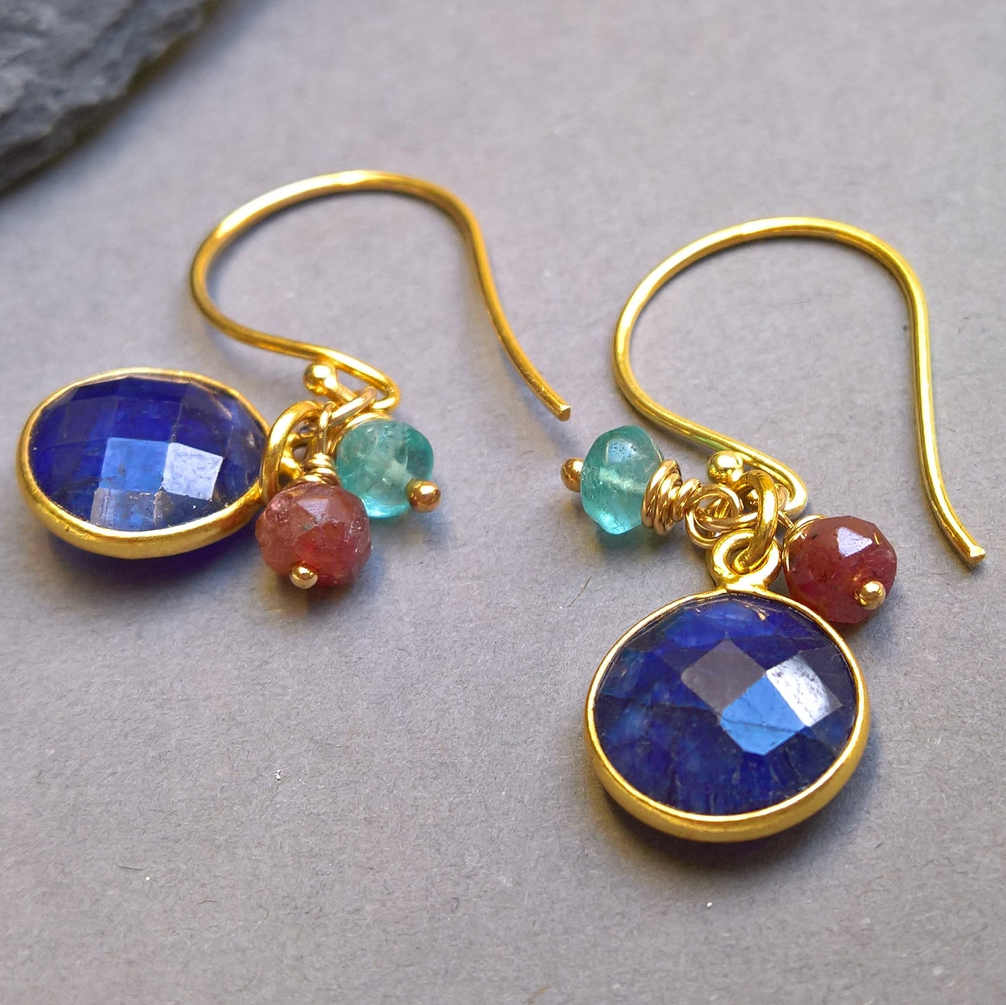 Blue sapphire gold vermeil silver dangle earrings