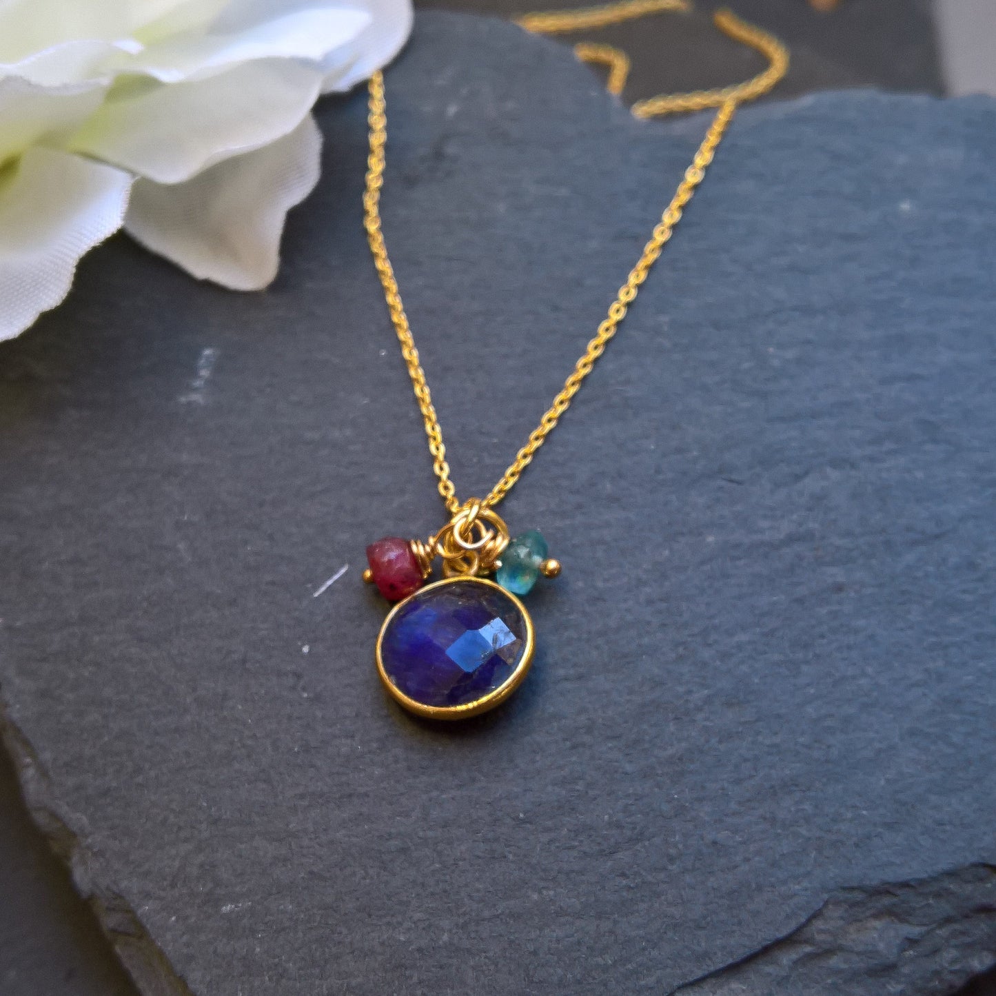 Blue sapphire circle pendant necklace in gold vermeil silver