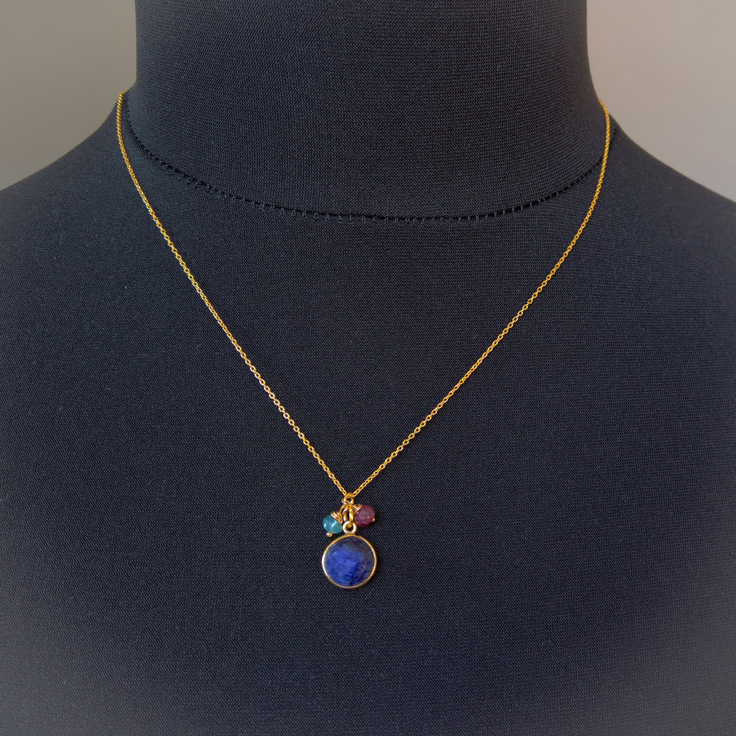 Blue sapphire circle pendant necklace in gold vermeil silver