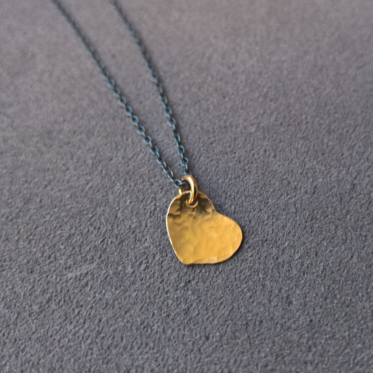 Dainty gold heart pendant on oxidized silver chain necklace