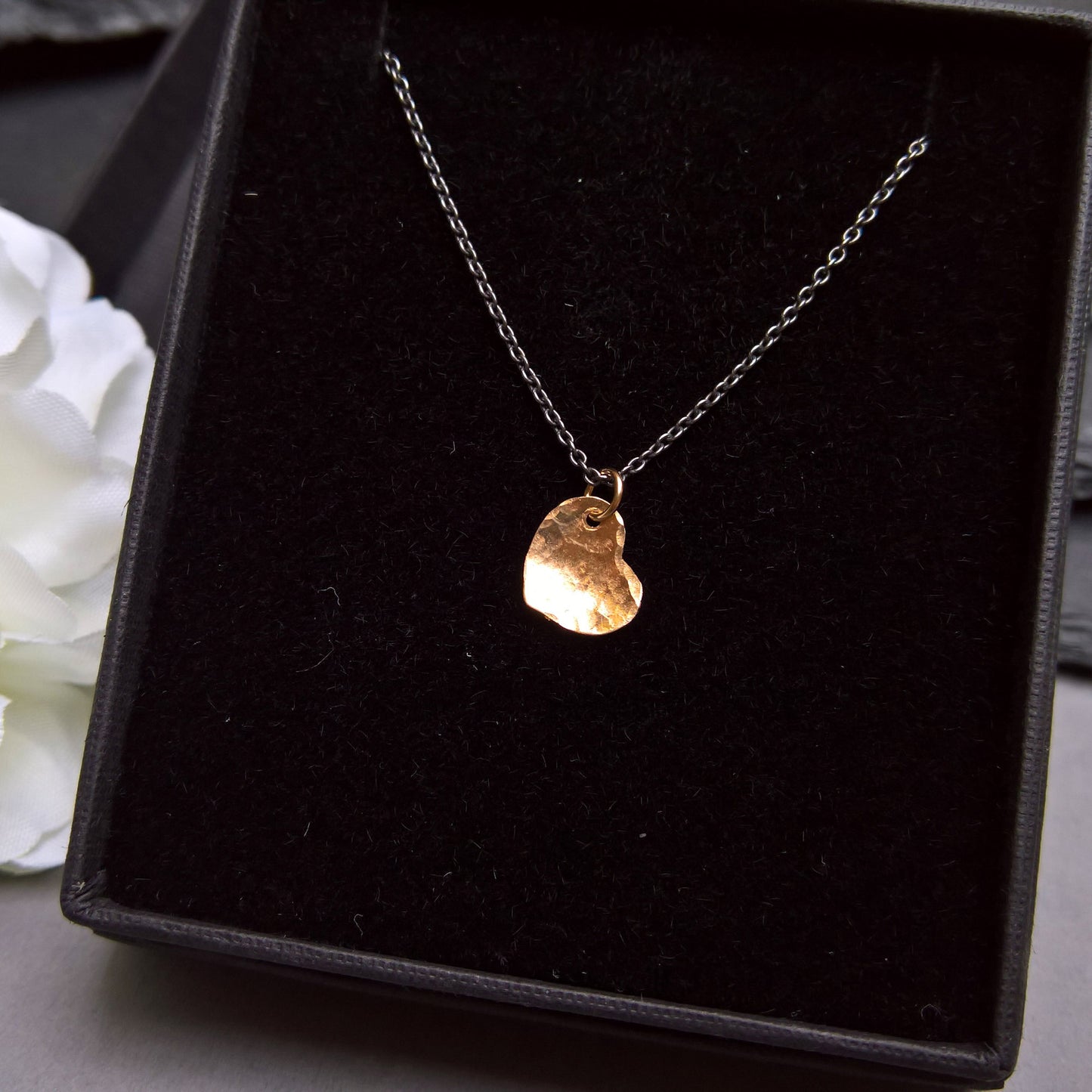 Dainty gold heart pendant on oxidized silver chain necklace