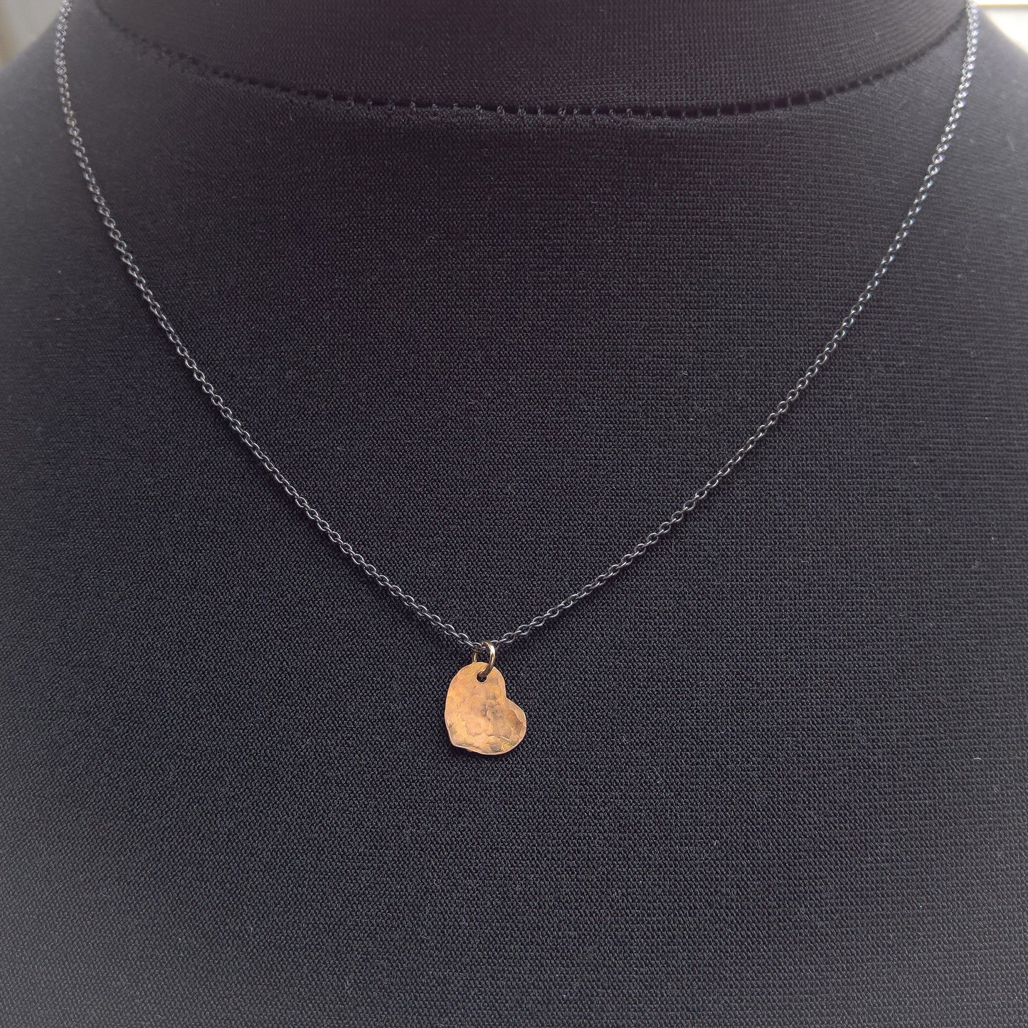 Dainty gold heart pendant on oxidized silver chain necklace
