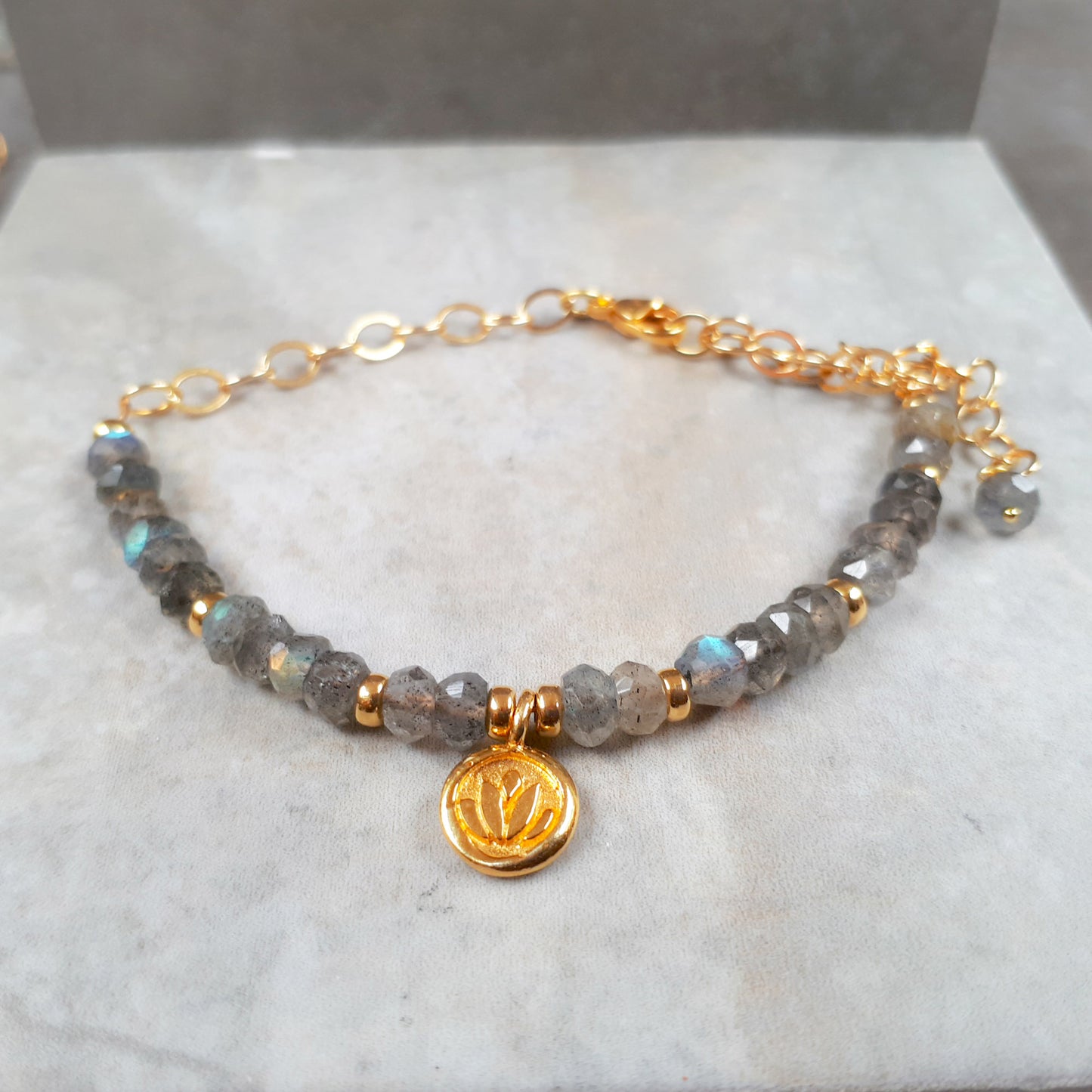 Labrodorite lotus single strand bracelet in gold filled