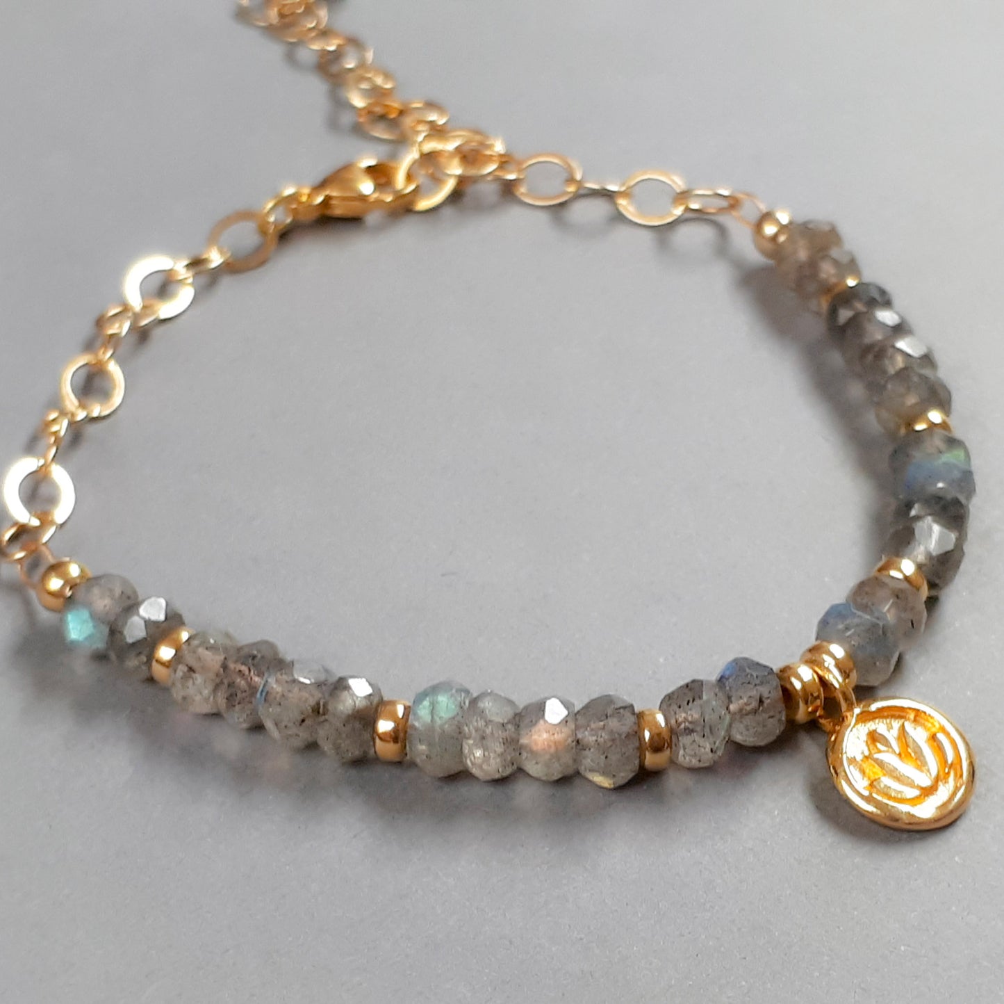 Labrodorite lotus single strand bracelet in gold filled