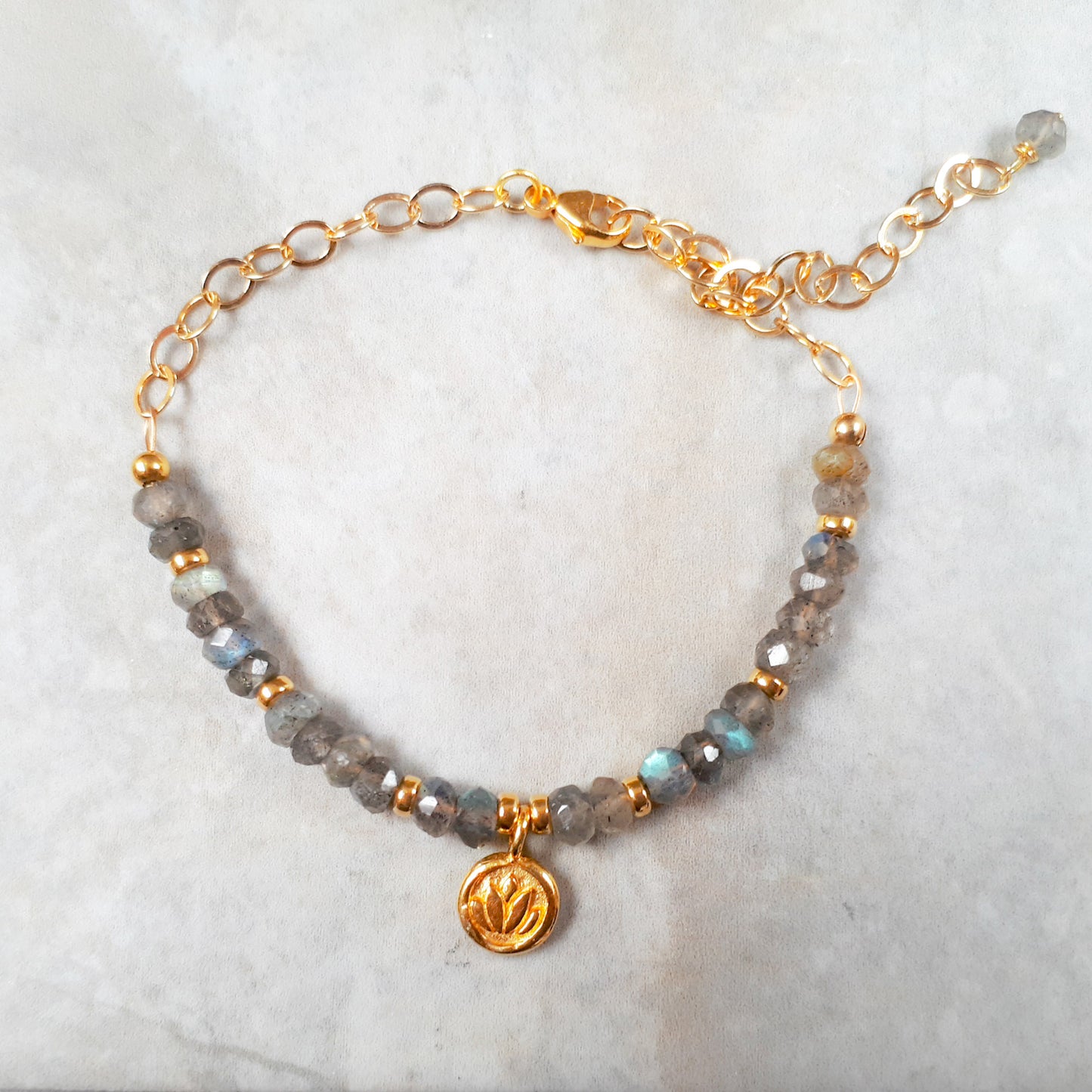 Labrodorite lotus single strand bracelet in gold filled