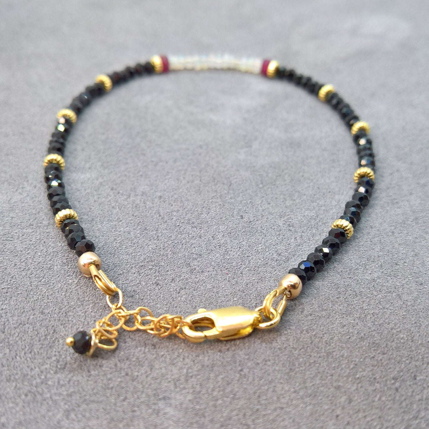 Black Spinel and opal adjustable bracelet - dainty skinny bracelet