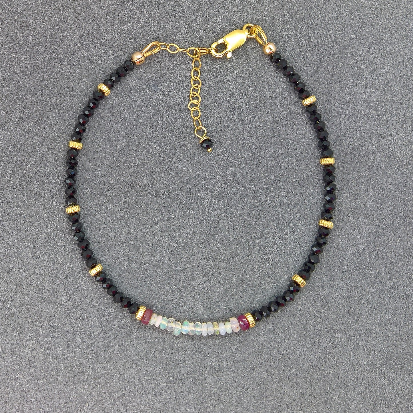 Black Spinel and opal adjustable bracelet - dainty skinny bracelet