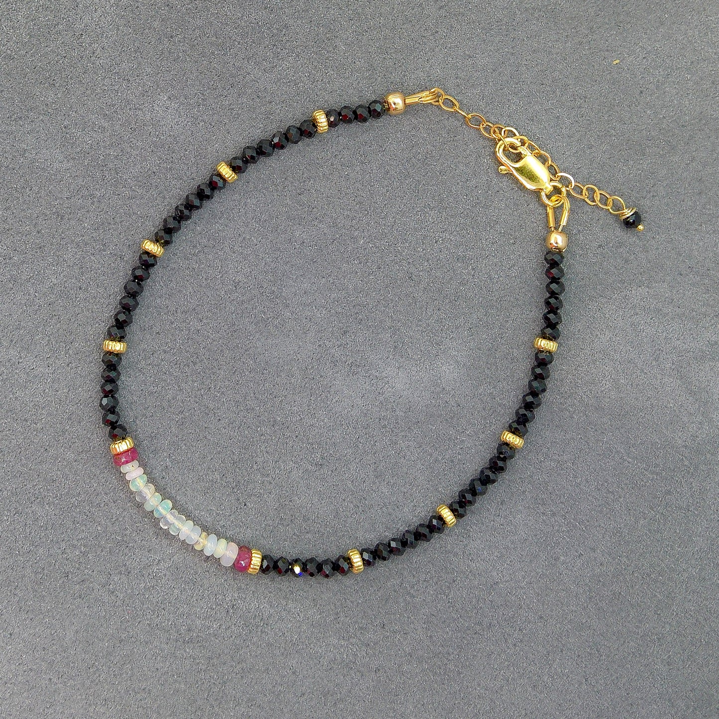 Black Spinel and opal adjustable bracelet - dainty skinny bracelet