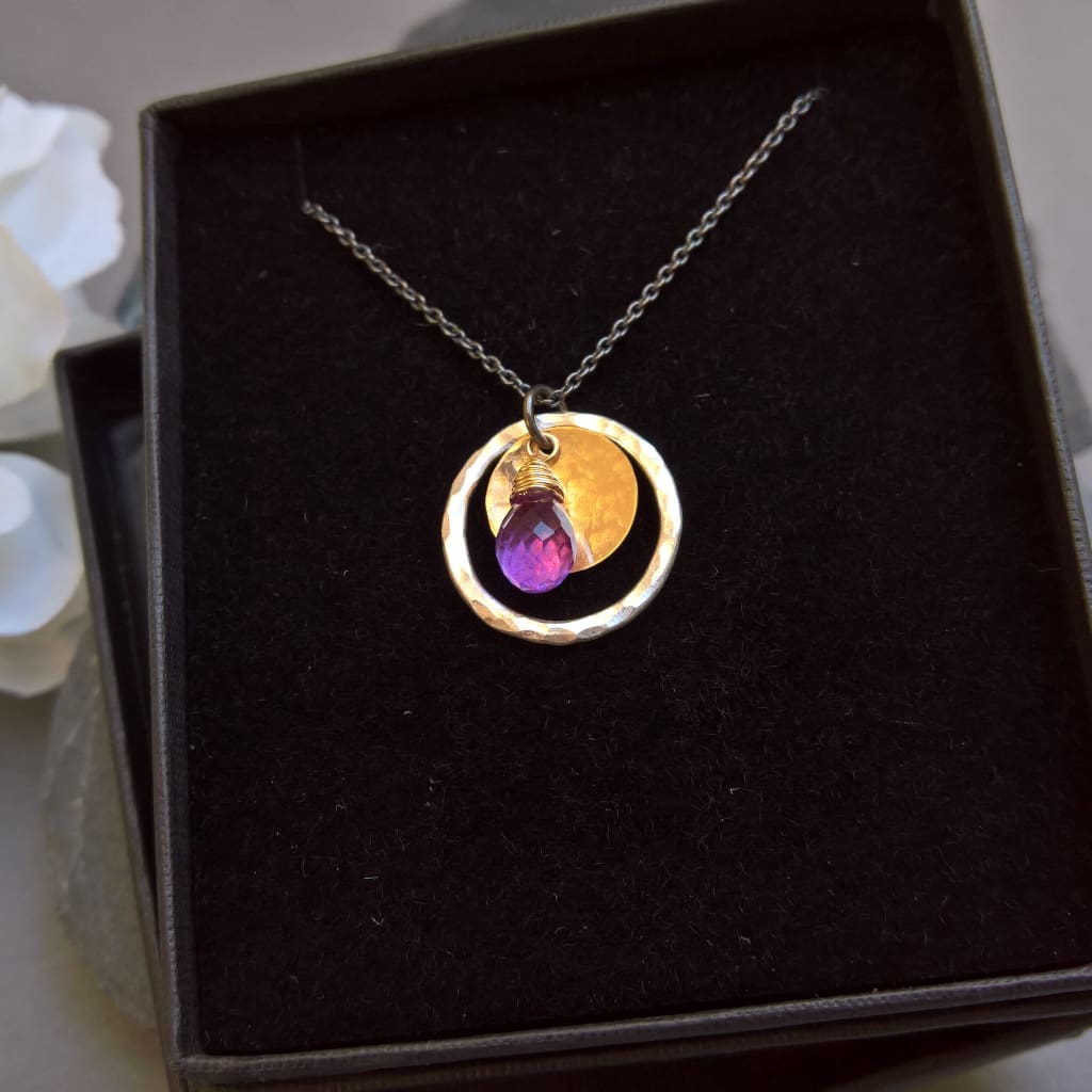 Amethyst Silver circle pendant necklace with oxidized silver chain