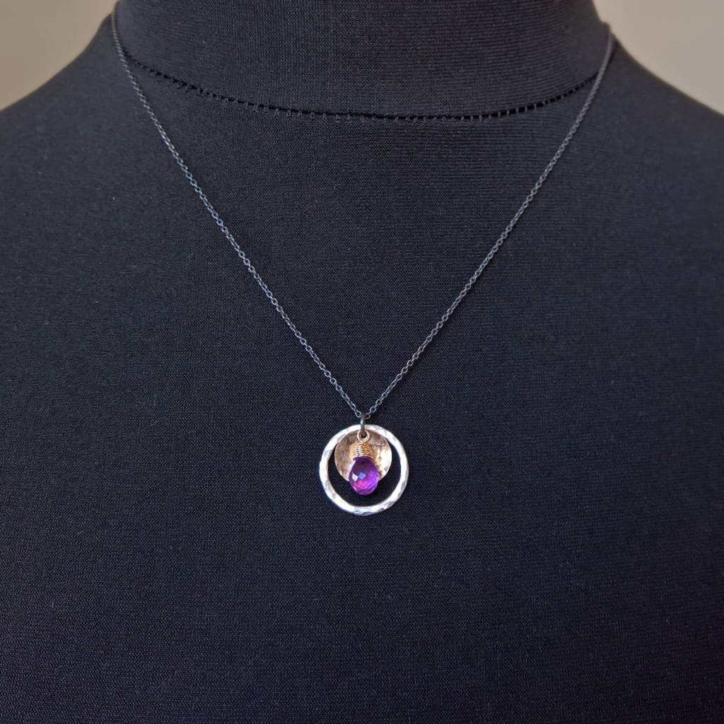 Amethyst Silver circle pendant necklace with oxidized silver chain