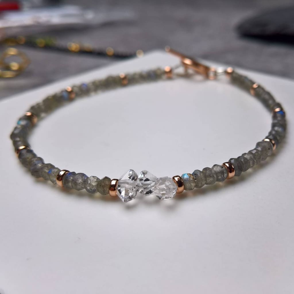 Herkimer and labradorite dainty rose gold bracelet