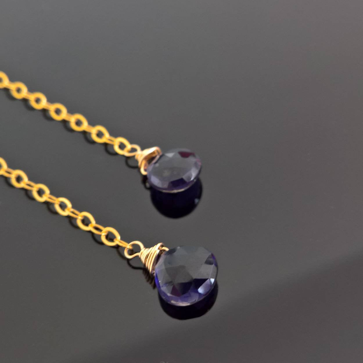 Iolite long dangle earrings in gold fill